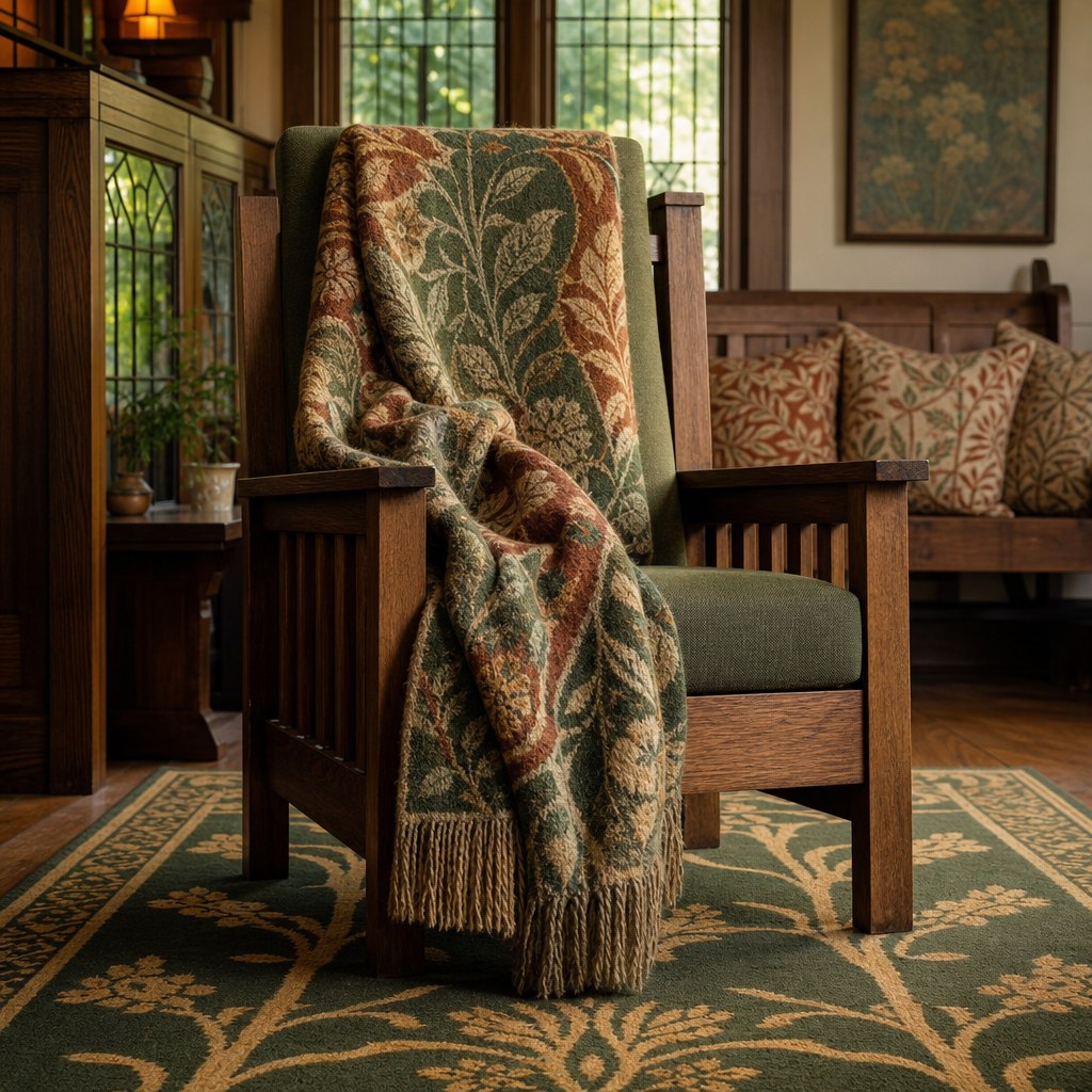 Arts and Crafts nature-inspired textiles: wool area rug in moss green and ochre geometric botanical pattern on hardwood floor, linen pillow covers with William Morris-style Willow Bough botanical repeat in russet and green on mission oak settle, chunky botanical-print wool throw draped over armchair