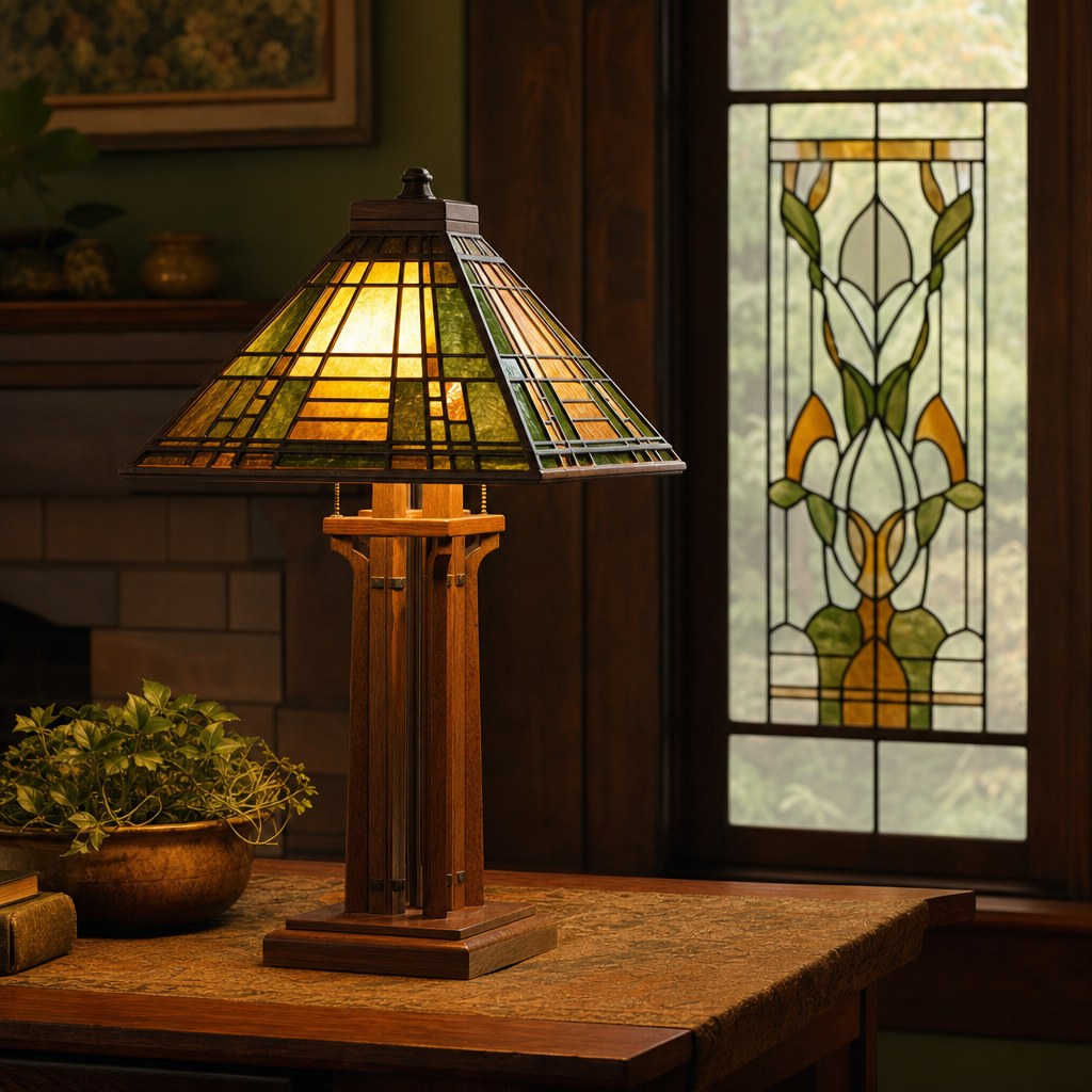 Arts and Crafts leaded glass lighting and panels: mission-style stained glass table lamp with geometric amber and green lead-line shade casting warm patterned light, decorative Craftsman art glass suncatcher panel mounted in window with stylized nature motifs in amber and forest green