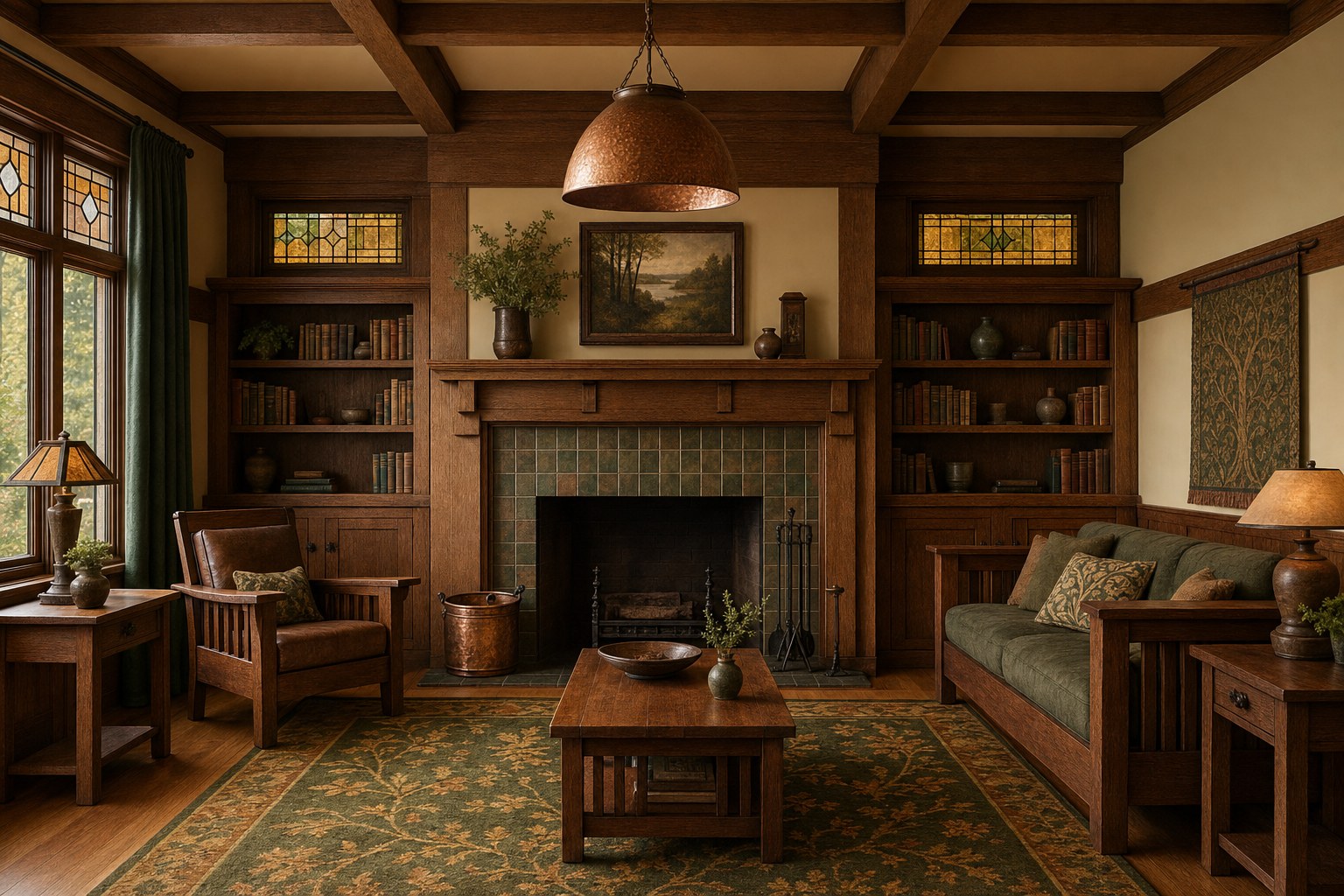 Arts and Crafts Craftsman bungalow living room with exposed quarter-sawn oak built-in bookshelves flanking a tile fireplace surround, Mission-style settle in dark oak, nature-inspired wool rug in moss green and ochre, hammered copper pendant lamp, and leaded glass window casting warm geometric light