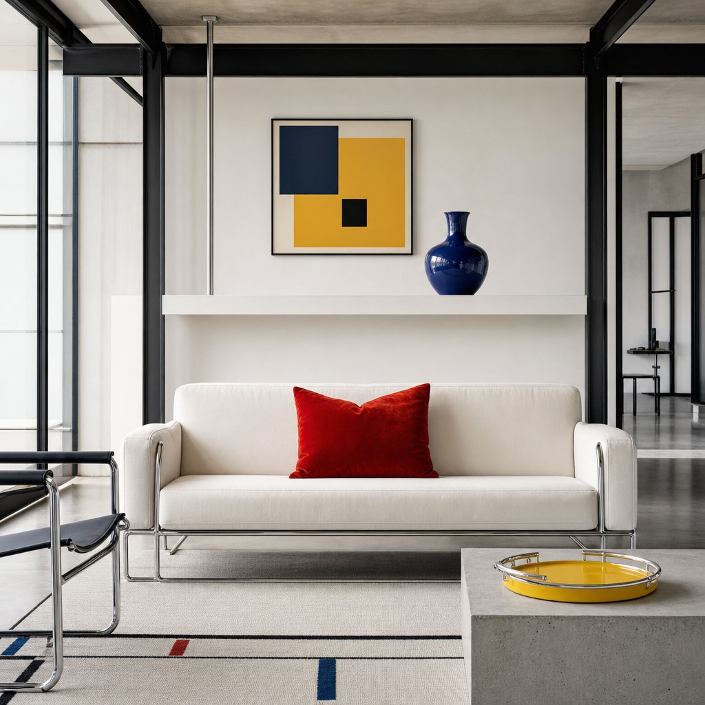 Bauhaus primary color palette: signal red velvet throw pillow on white sofa, cobalt blue ceramic vase on white floating shelf, chrome-yellow lacquer tray on concrete side table, all in a clean white-walled room with black steel frame elements