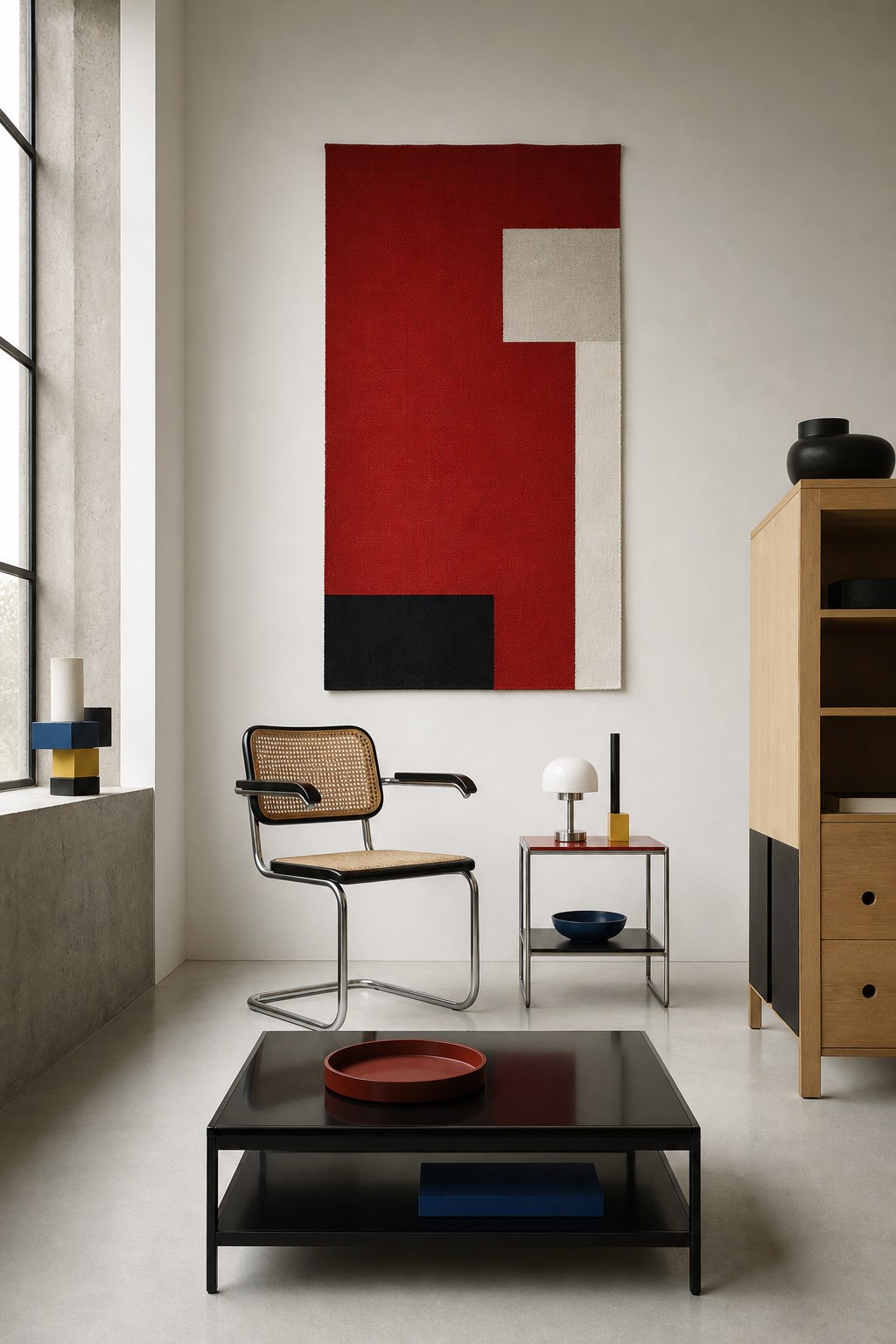 Bauhaus geometric form furniture: cantilever cane-seat dining chair with tubular steel frame, rectangular black lacquer coffee table with clean right angles and no ornament, geometric side table with exposed hardware, all on white floor against white walls