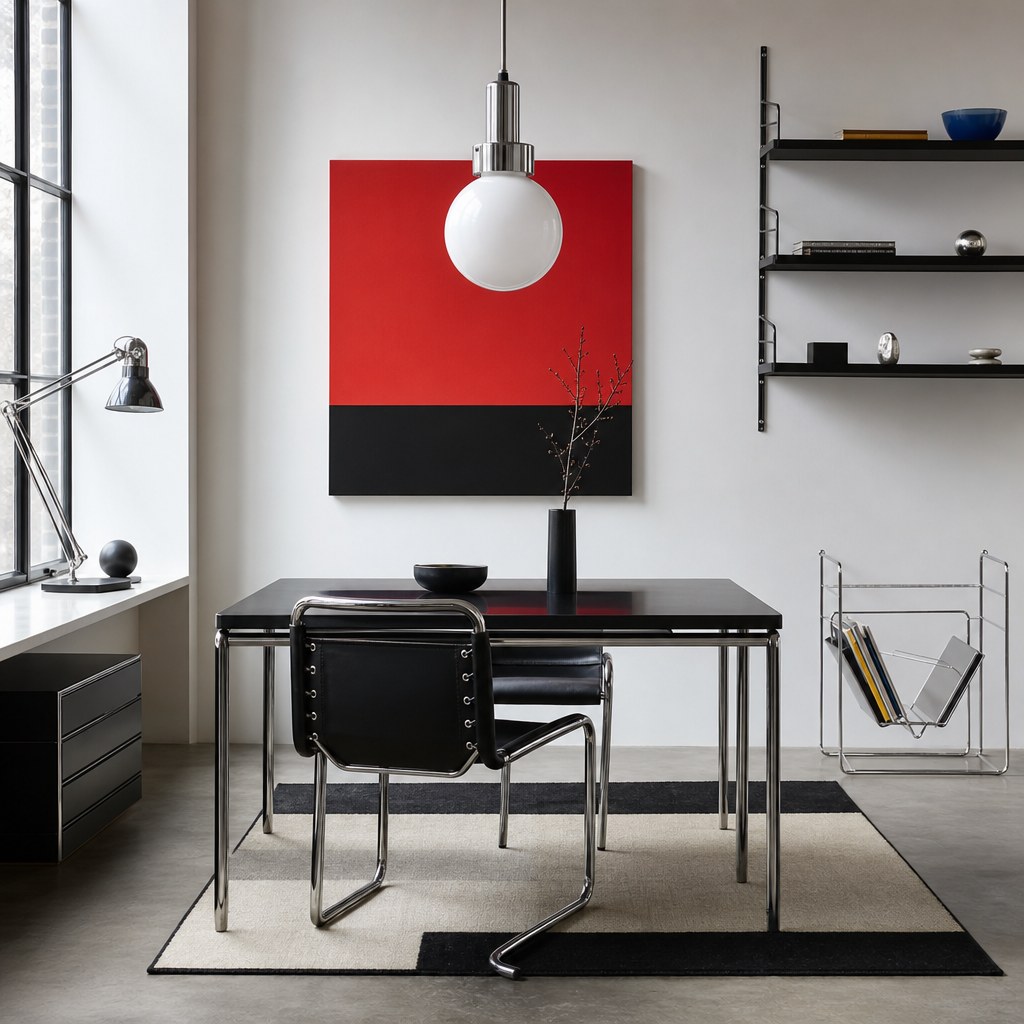 Bauhaus tubular steel accent: chrome pendant lamp with opal glass globe hanging at dining height, matte black steel floating shelves with visible mounting hardware on white wall, chrome wire magazine holder with tubular steel frame, industrial steel desk lamp with articulating arm