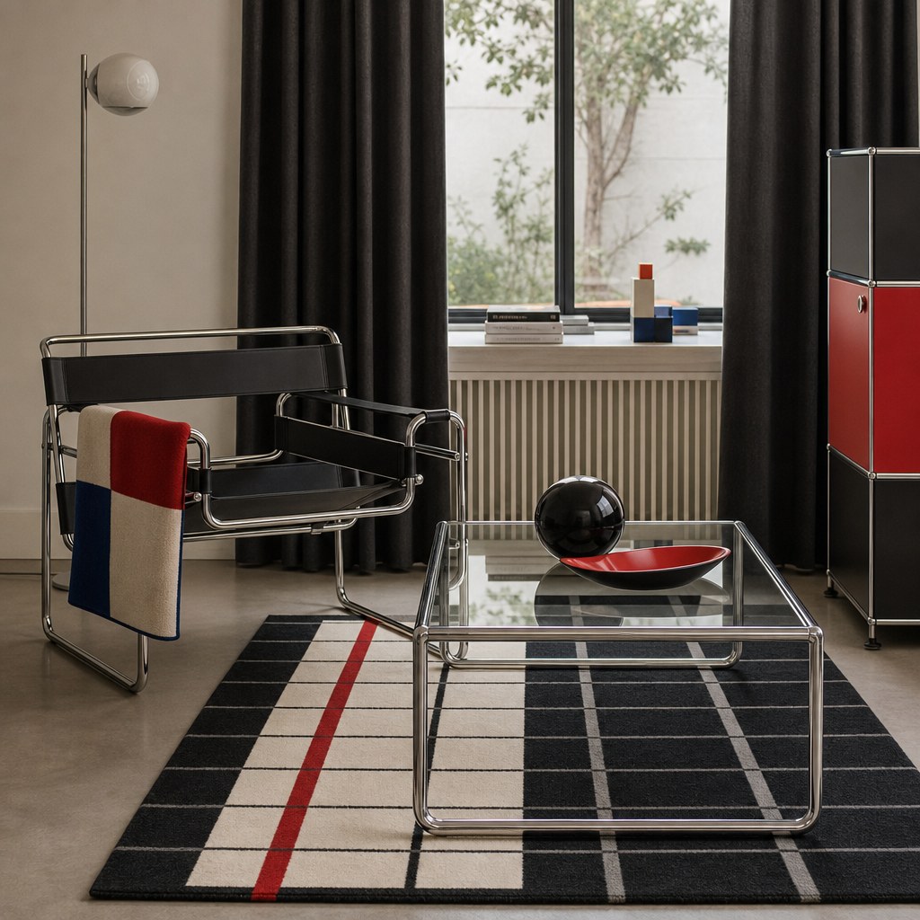 Bauhaus functional textiles: geometric flat-weave area rug in black and white grid with single red accent stripe under steel coffee table, matte charcoal blackout curtains at window with no decorative elements, primary-color block woven cotton throw folded on tubular steel chair