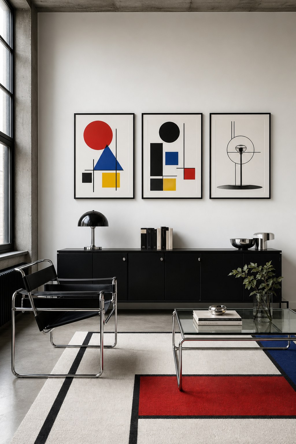 Bauhaus typography grid wall art: three black frame prints hung in horizontal grid alignment on white wall - a primary-color geometric Kandinsky-style composition, a sans-serif Bauhaus typography print with geometric letterforms, a Marianne Brandt line drawing of metalwork form - equal spacing, equal frames, mathematical grid