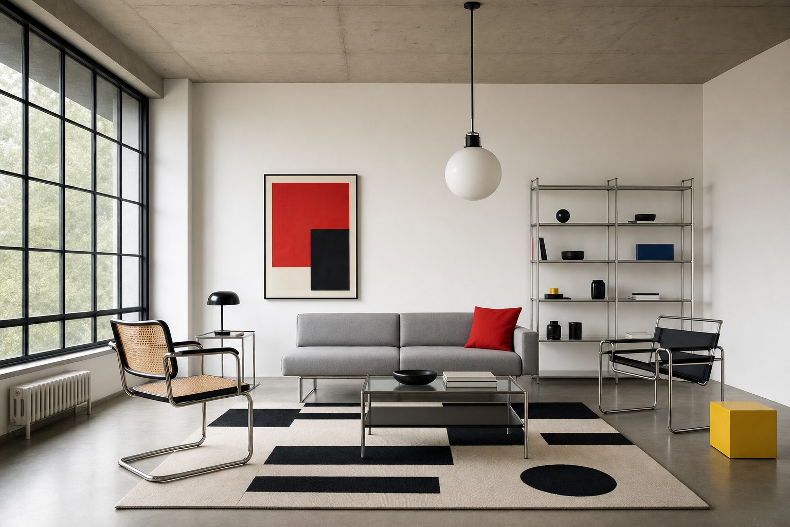 Bauhaus interior design living room with white walls, tubular steel cantilever chair with cane seat, primary red accent pillow on gray sofa, geometric black and white area rug, Bauhaus pendant lamp with opal glass globe, minimal open shelving with purposefully placed objects