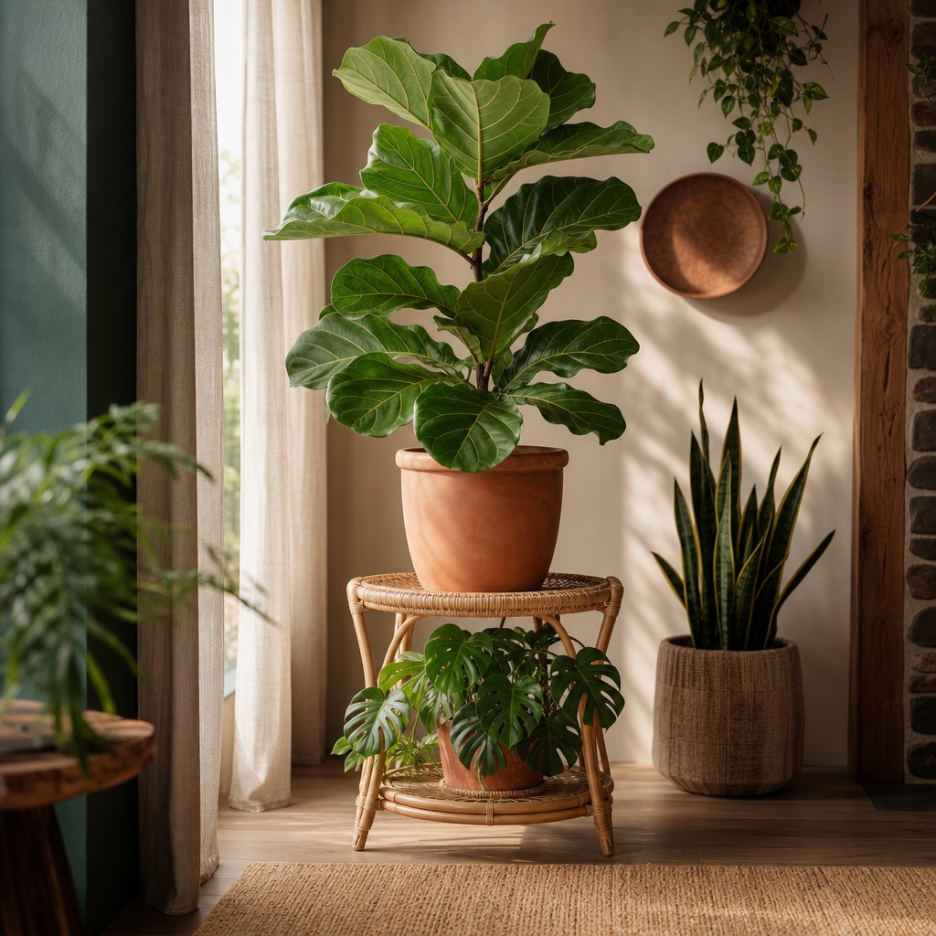 Biophilic living plant layer: fiddle leaf fig in terracotta pot on rattan plant stand, monstera on lower shelf, snake plant in corner, natural light filtering through linen curtains