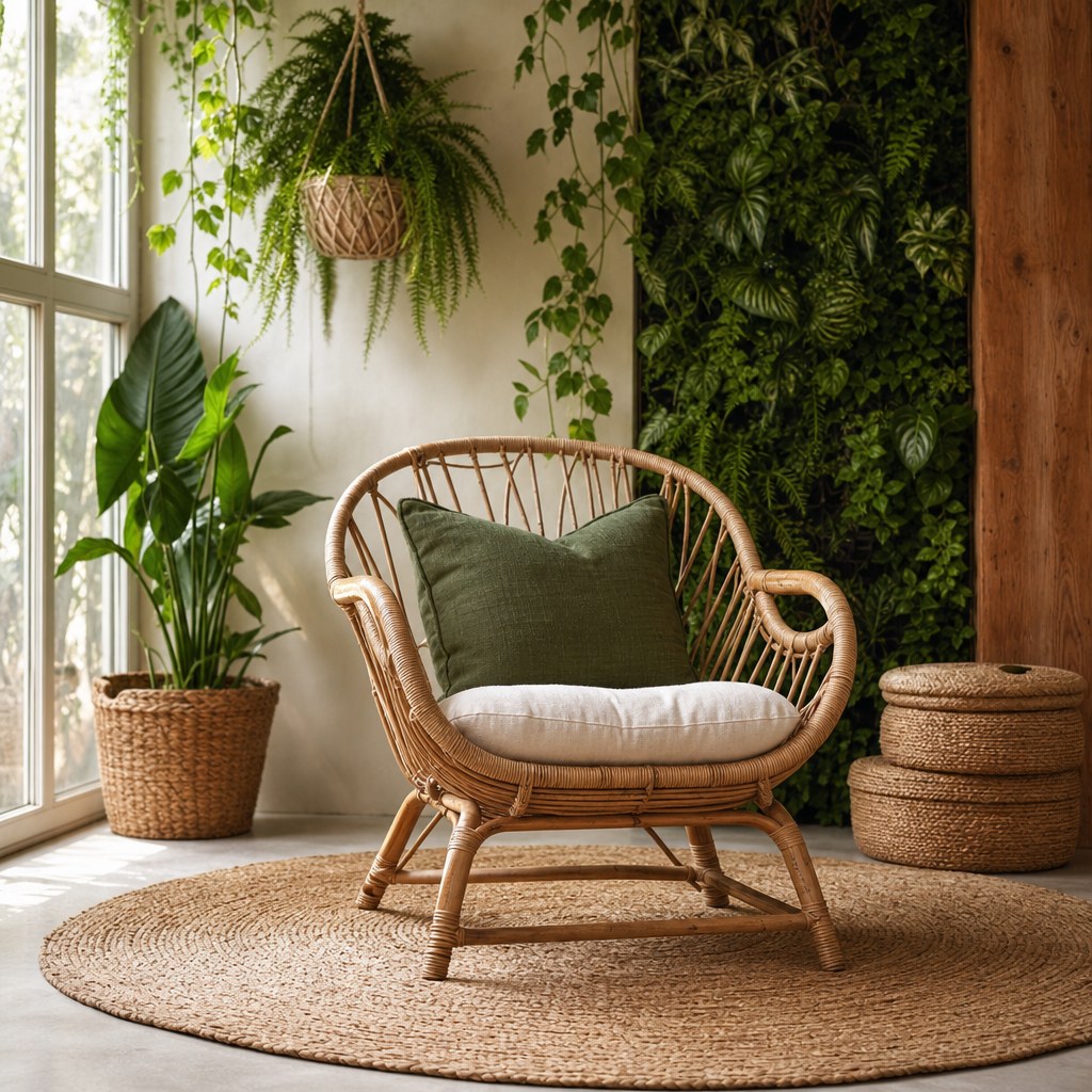 Natural material foundation: rattan accent armchair with organic linen cushion, large jute braided area rug in warm sand tone, woven seagrass baskets stacked in corner