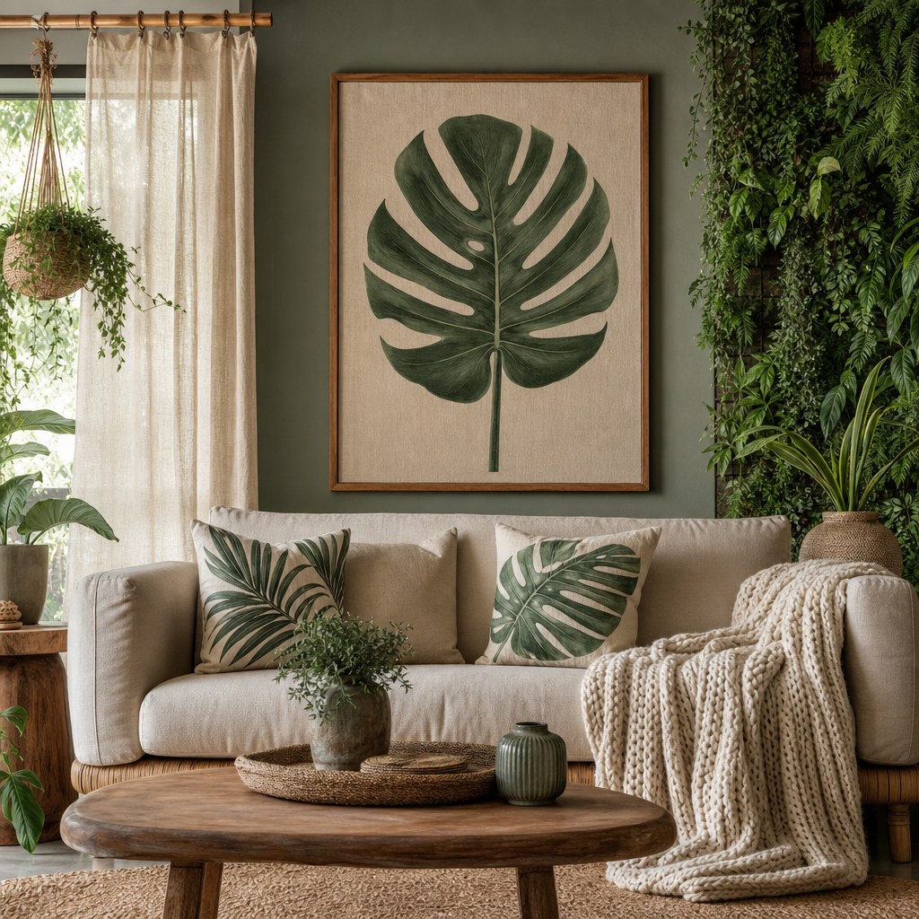 Organic textile layer: linen sheer curtain panels on bamboo rod, chunky knit cotton throw blanket in cream, botanical leaf print pillow covers on natural linen sofa