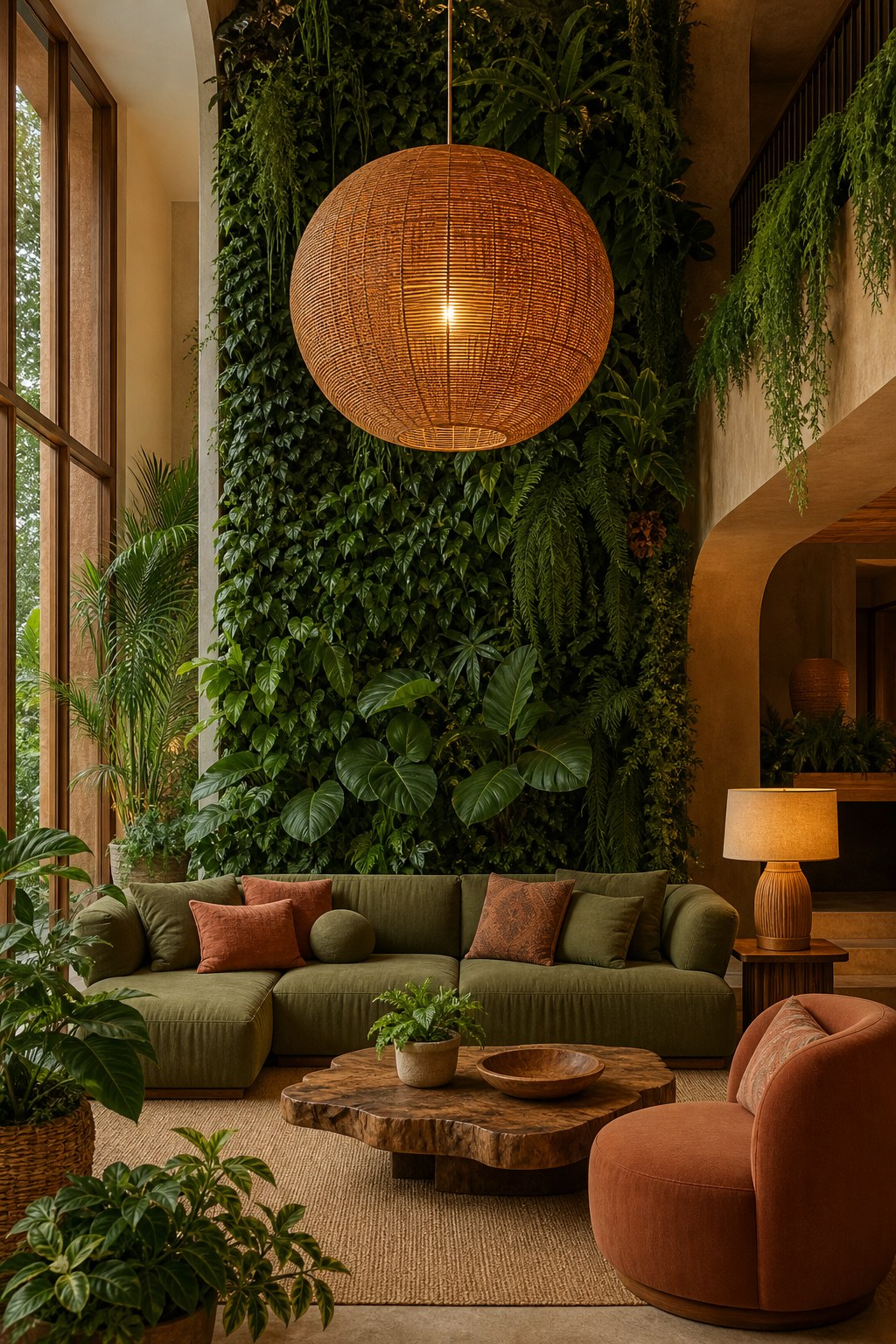Biomorphic lighting: large woven rattan globe pendant lamp casting warm 2700K light, bamboo table lamp with natural linen shade on wood side table