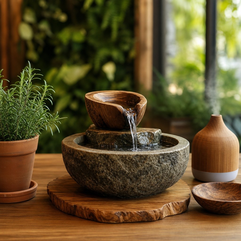 Biophilic sensory anchor: small tabletop water fountain on natural wood surface, cedar oil diffuser, rosemary herb in terracotta pot, organic cedar wood bowl