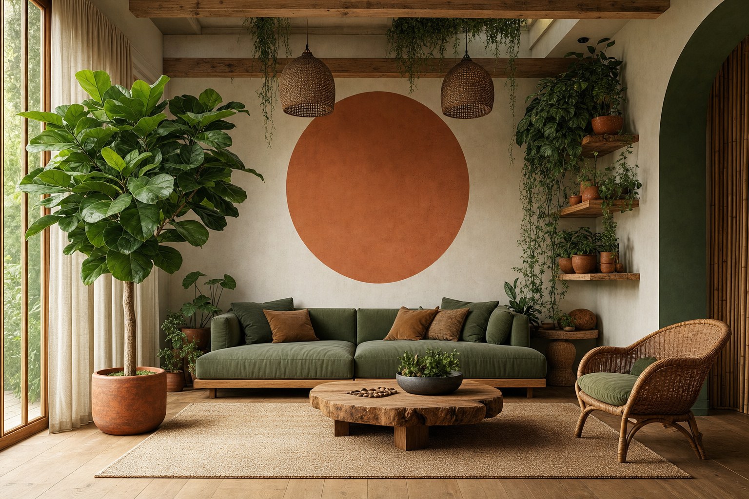 Biophilic living room with large fiddle leaf fig, rattan armchair, jute area rug, linen curtains filtering natural light, and terracotta plant pots on natural wood shelving