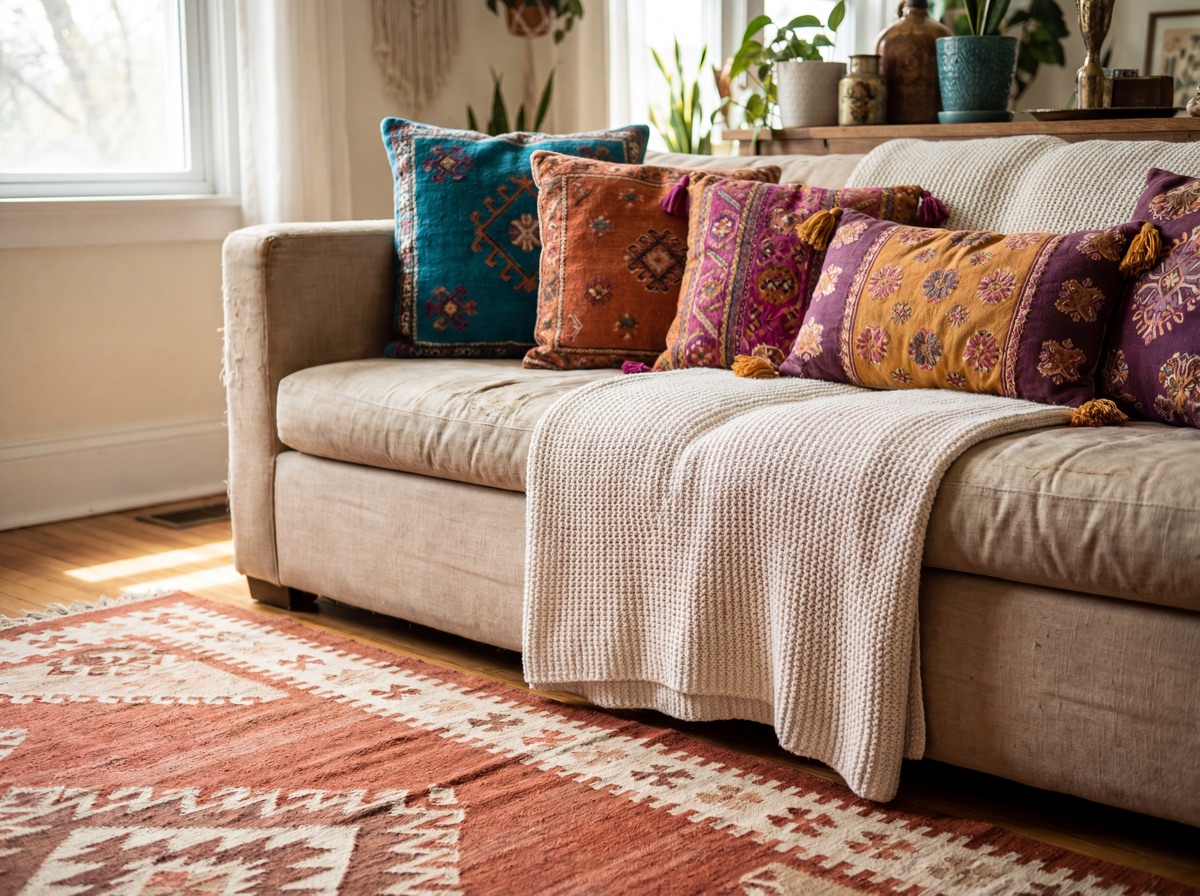 Bohemian textile foundation: layered kilim-style area rug in warm terracotta and cream tones, chunky cotton throw blanket in natural cream, boho pillow covers with organic patterns on natural linen sofa