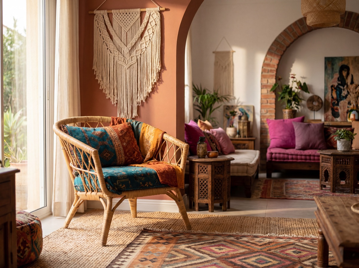 Bohemian natural material core: rattan accent armchair with organic cushion on layered jute over kilim rug, large macrame wall hanging in cream cotton cord on warm-toned wall