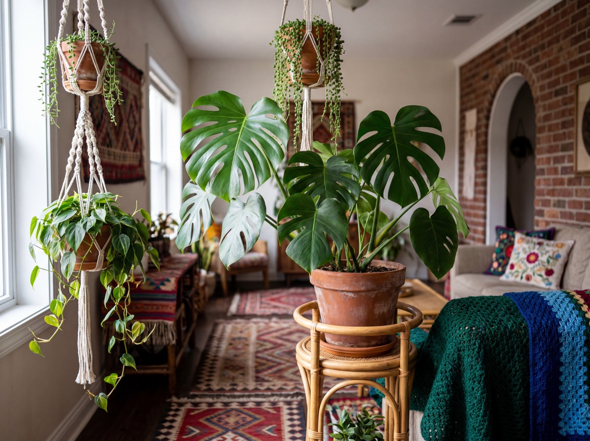 Bohemian plant statement layer: monstera deliciosa in terracotta pot on rattan tiered plant stand, macrame plant hangers suspending trailing plants at eye level and ceiling height