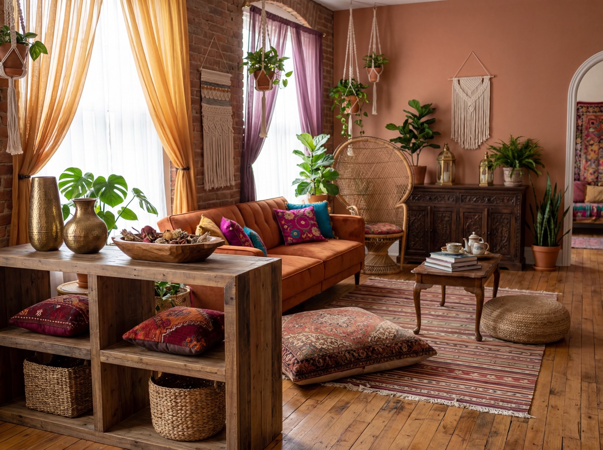 Bohemian global accent collection: hammered brass vases on natural wood shelf, carved mango wood bowl, kilim-inspired decorative pillows in terracotta and cream, woven seagrass baskets