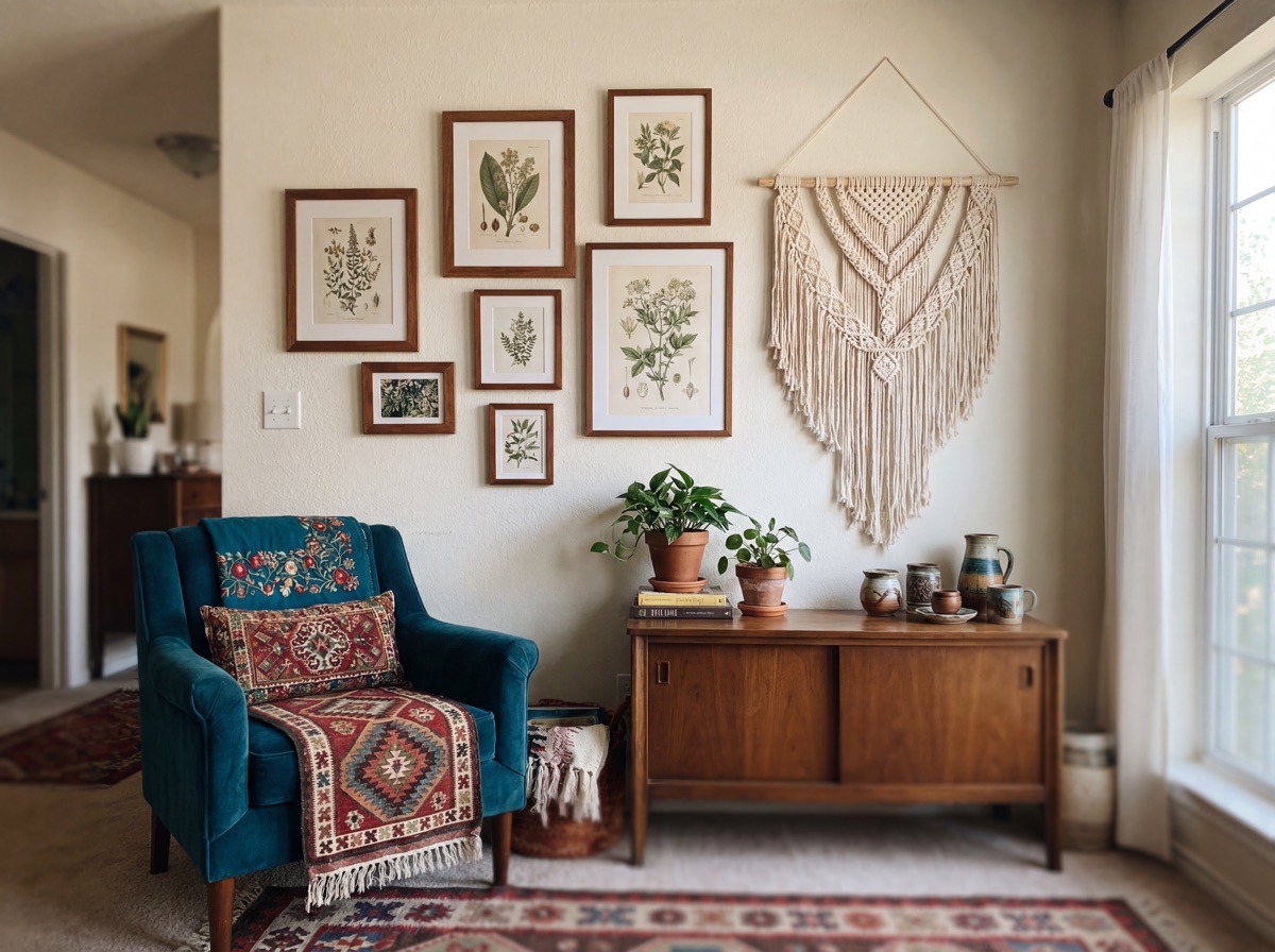 Bohemian wall composition: gallery wall with mixed-size warm wood frames displaying botanical prints, large macrame wall hanging in natural cotton cord as primary vertical anchor, cream wall with intentional negative space