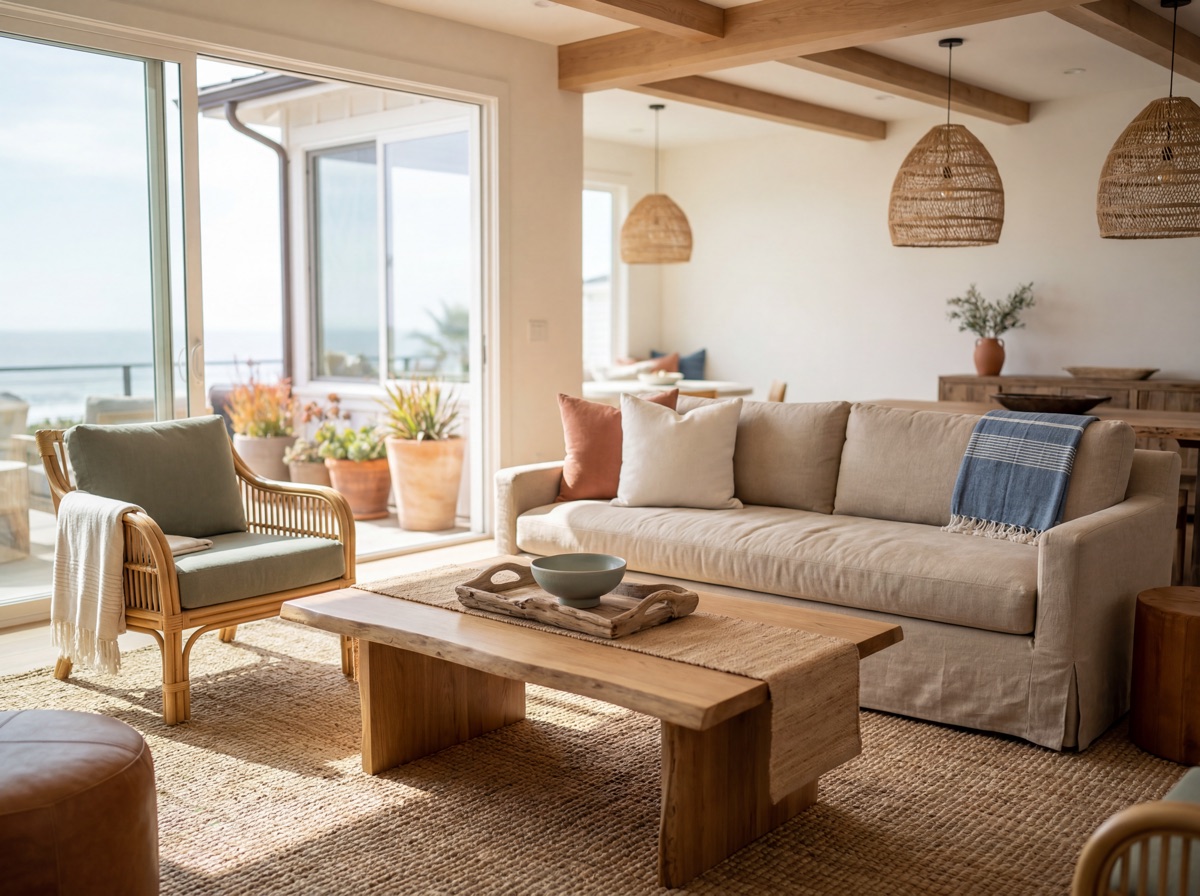California coastal bleached white and sand palette: warm white linen throw pillow covers on natural sofa, dusty sage ceramic accent bowl on driftwood tray, bleached cotton throw draped over armchair arm, jute table runner on light wood surface