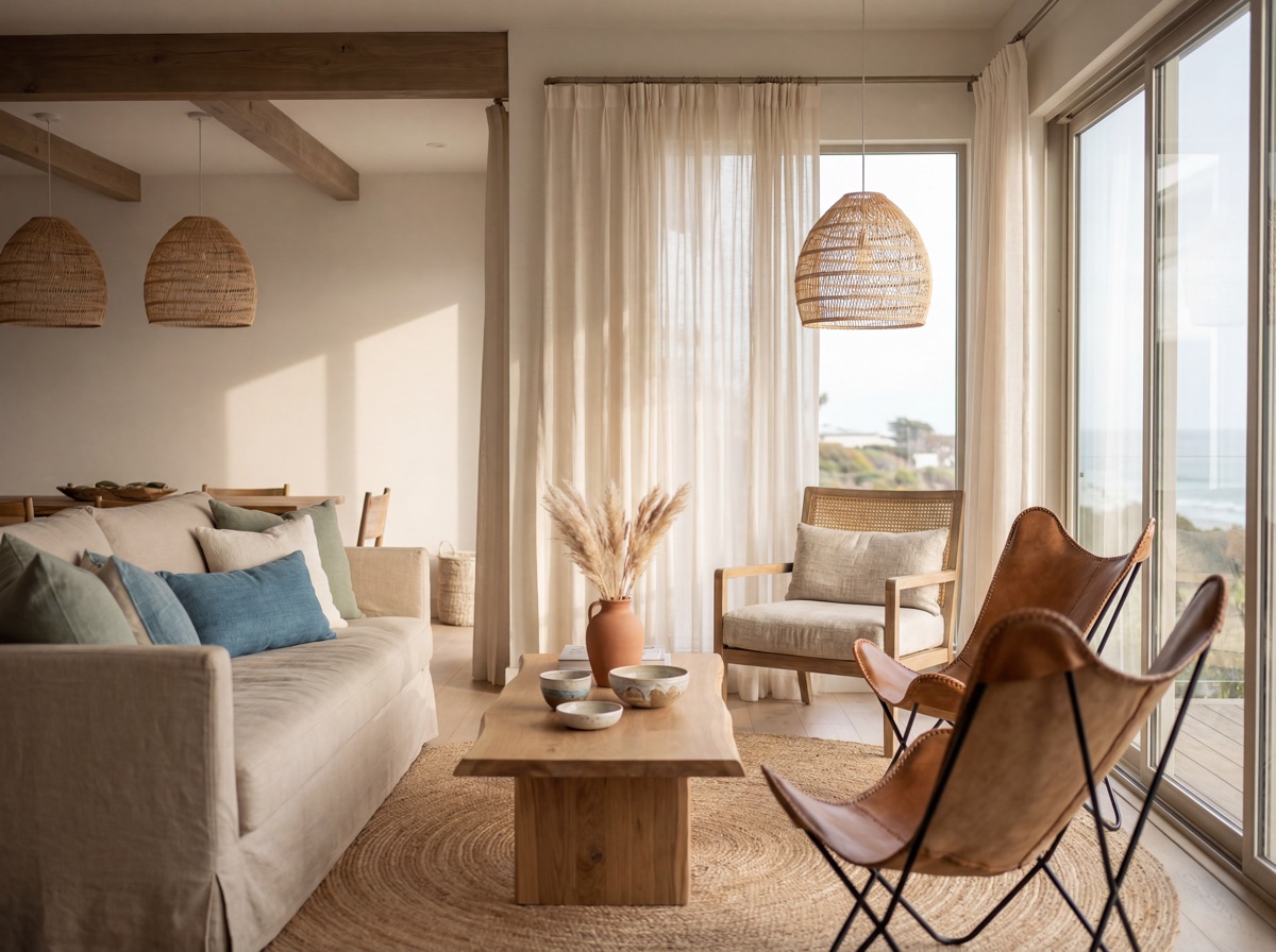 California coastal linen and rattan layer: sheer warm white linen curtains filtering afternoon light at window, natural rattan pendant light overhead, cane-back accent chair in natural finish with linen cushion