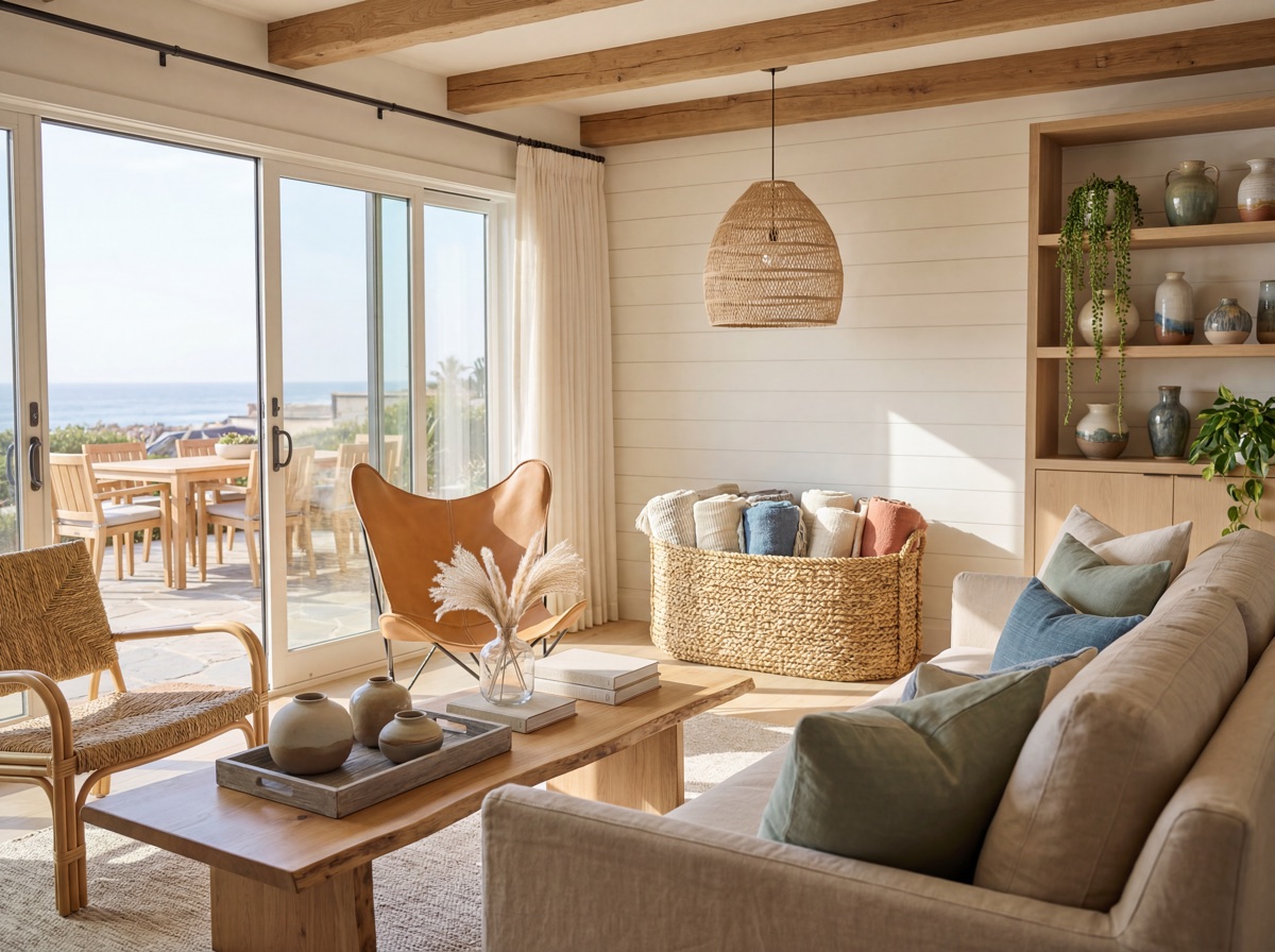 California coastal white oak wood layer: white oak floating shelves on warm white wall with ceramic vessels and trailing plants, driftwood-gray tray on coffee table with organic objects, large woven seagrass basket storing rolled blankets