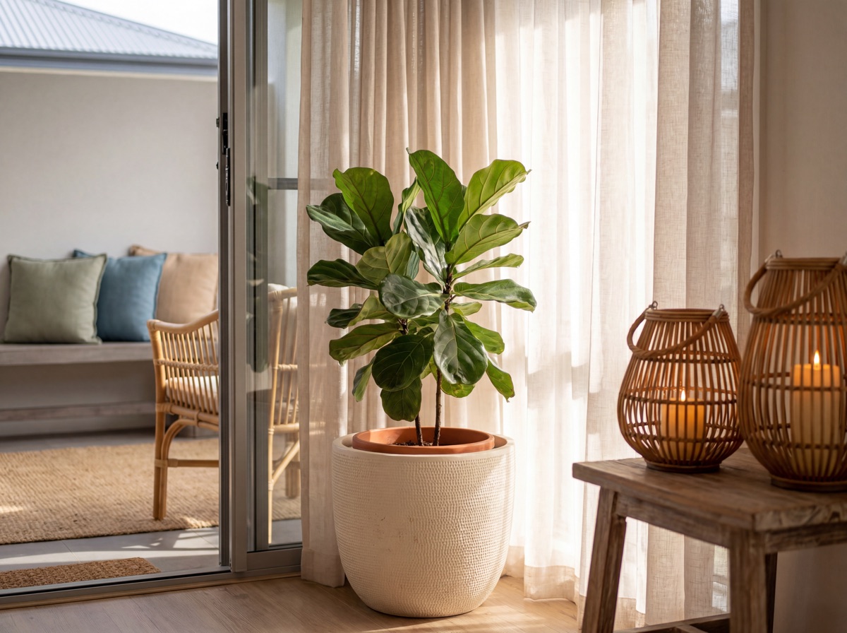 California coastal indoor-outdoor connection: large fiddle leaf fig in warm white ceramic cachepot beside glass sliding door with sheer linen curtains, teak lanterns on side table casting warm evening glow