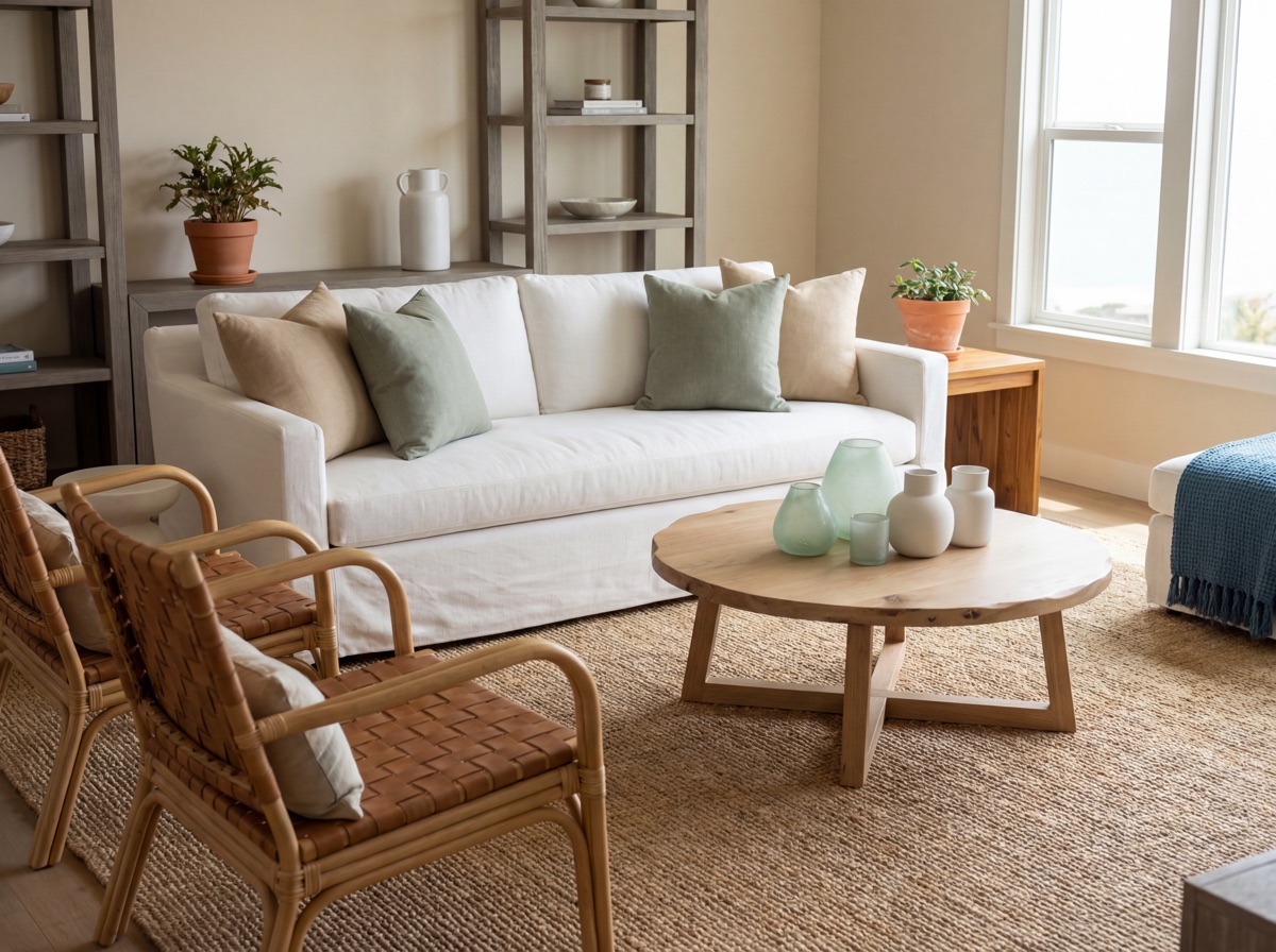 California coastal sea glass and organic accents: jute sisal area rug in natural fiber under white oak coffee table, sea glass frosted pendant vases in soft green on shelf in afternoon light, hand-thrown matte white ceramic vessels in graduated sizes