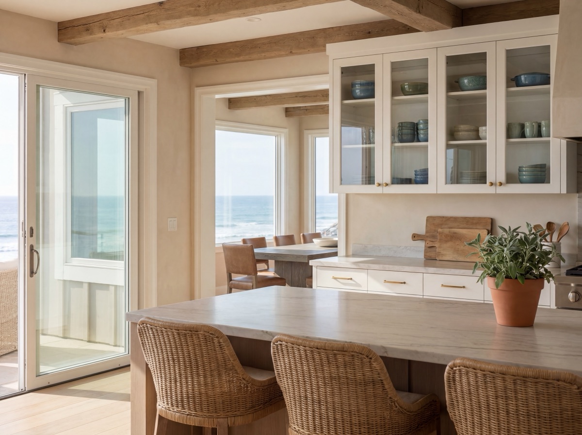 California coastal living room with warm white walls, white oak floors, natural linen sofa with deep cushions, rattan pendant light, sheer linen curtains filtering bright afternoon light, jute rug, and minimal ceramic vases in warm white and dusty sage