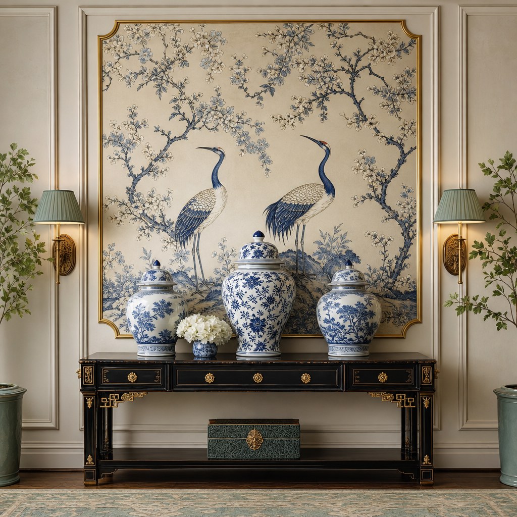 Chinoiserie hand-painted wallpaper panels: blue cranes and flowering cherry blossom branches on cream background, framed on a single accent wall above a lacquered black console table with blue-and-white ginger jars