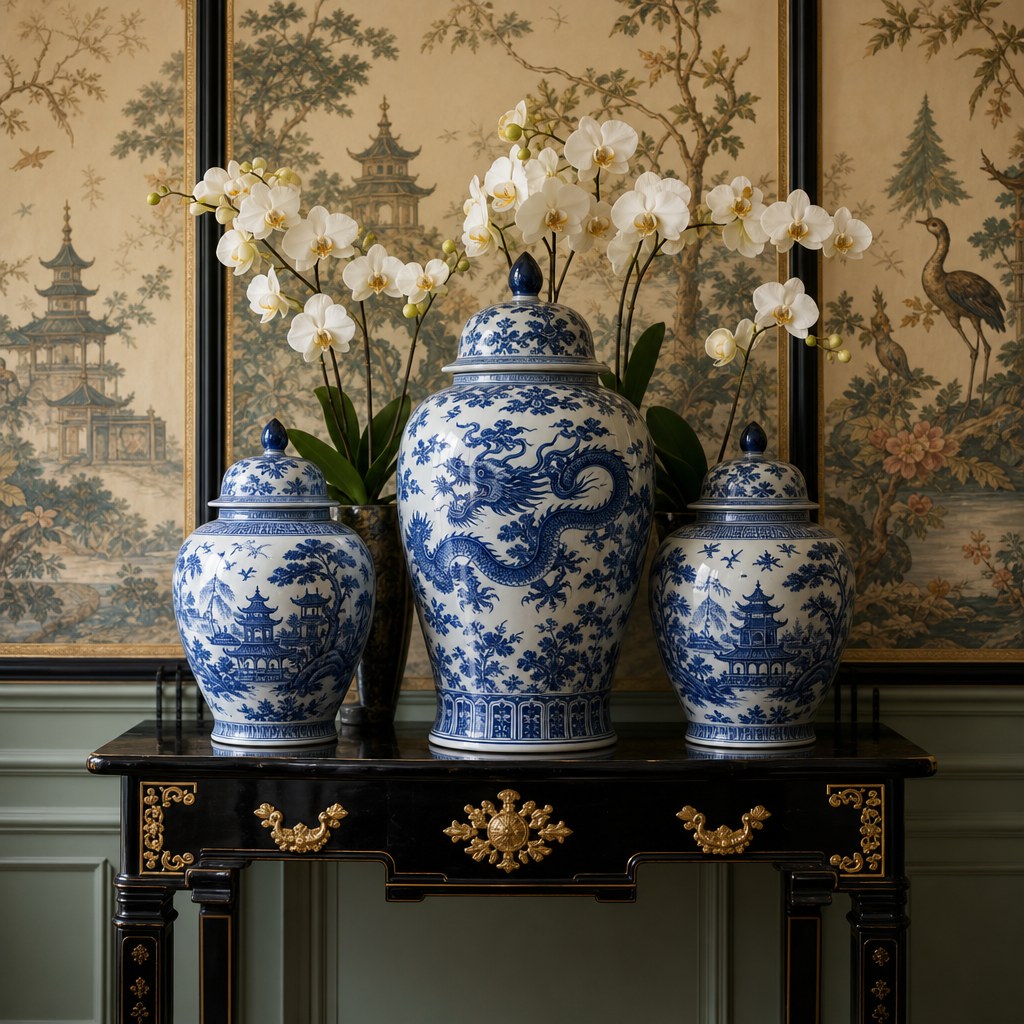 Chinoiserie blue-and-white porcelain collection: grouping of three ginger jars in graduated heights on a lacquered black console table, cobalt dragon pattern on the largest jar, willow pattern on the two smaller ones, filled with orchid sprigs