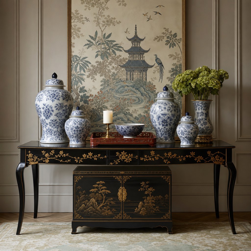 Chinoiserie lacquered furniture: glossy black lacquered console table with hand-painted gold branch detail, blue-and-white ginger jar grouping on top surface, red lacquered decorative tray holding candle and porcelain bowl, lacquered black accent cabinet against neutral wall