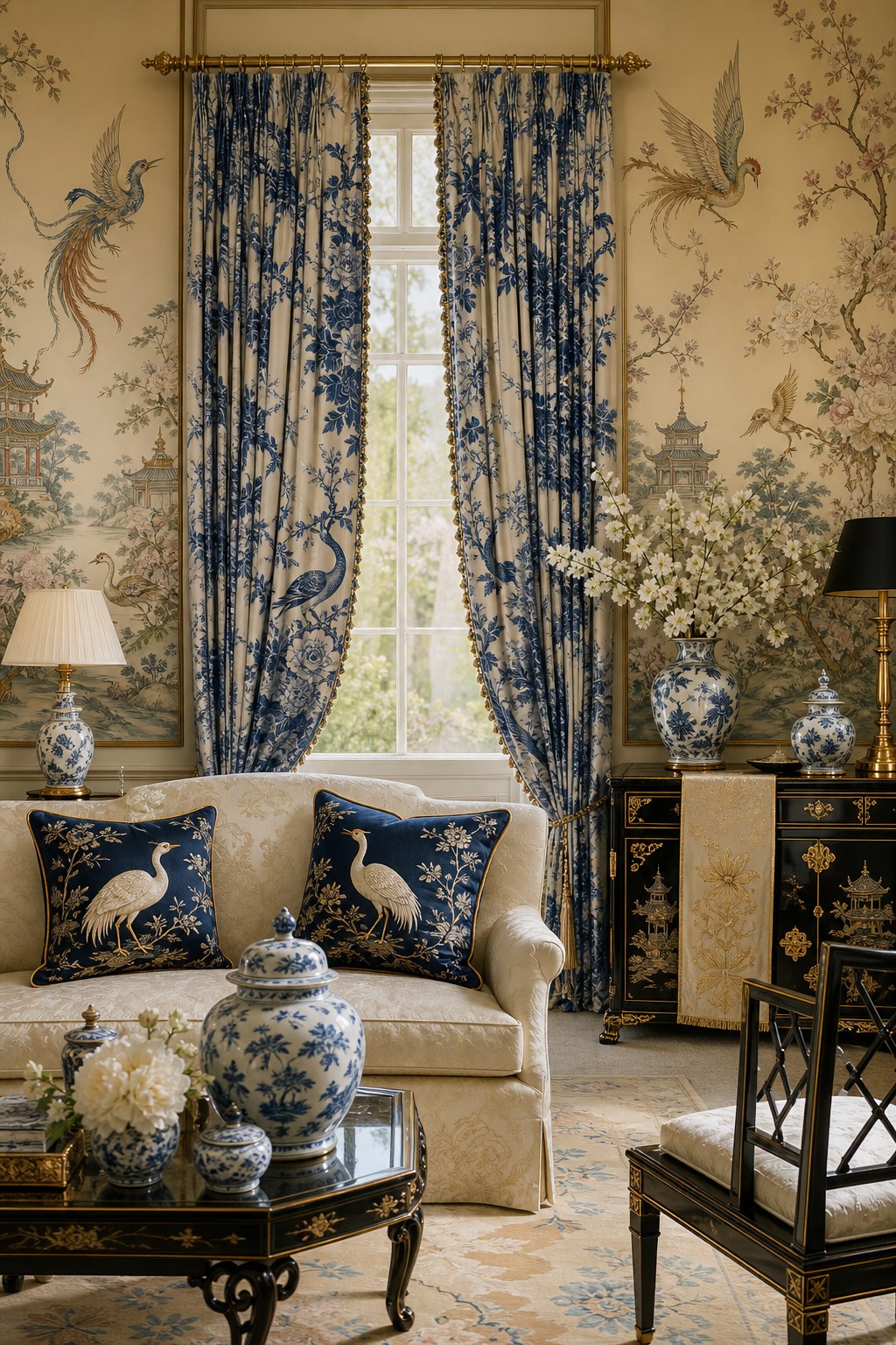Chinoiserie silk textiles: cobalt blue silk throw pillow covers with embroidered crane pair on cream sofa, deep blue and ivory printed silk curtain panel with peony motif at window, ivory silk embroidered table runner with gold chrysanthemum pattern on lacquered black console
