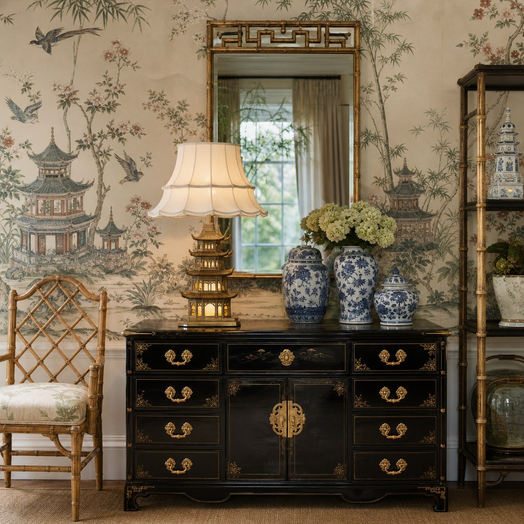 Chinoiserie pagoda and bamboo accents: pagoda-form table lamp with cream silk tiered shade on lacquered console, bamboo-framed rectangular mirror above console with blue-and-white porcelain grouping, rattan and faux-bamboo accent chair in natural finish, miniature ceramic pagoda ornament on shelf