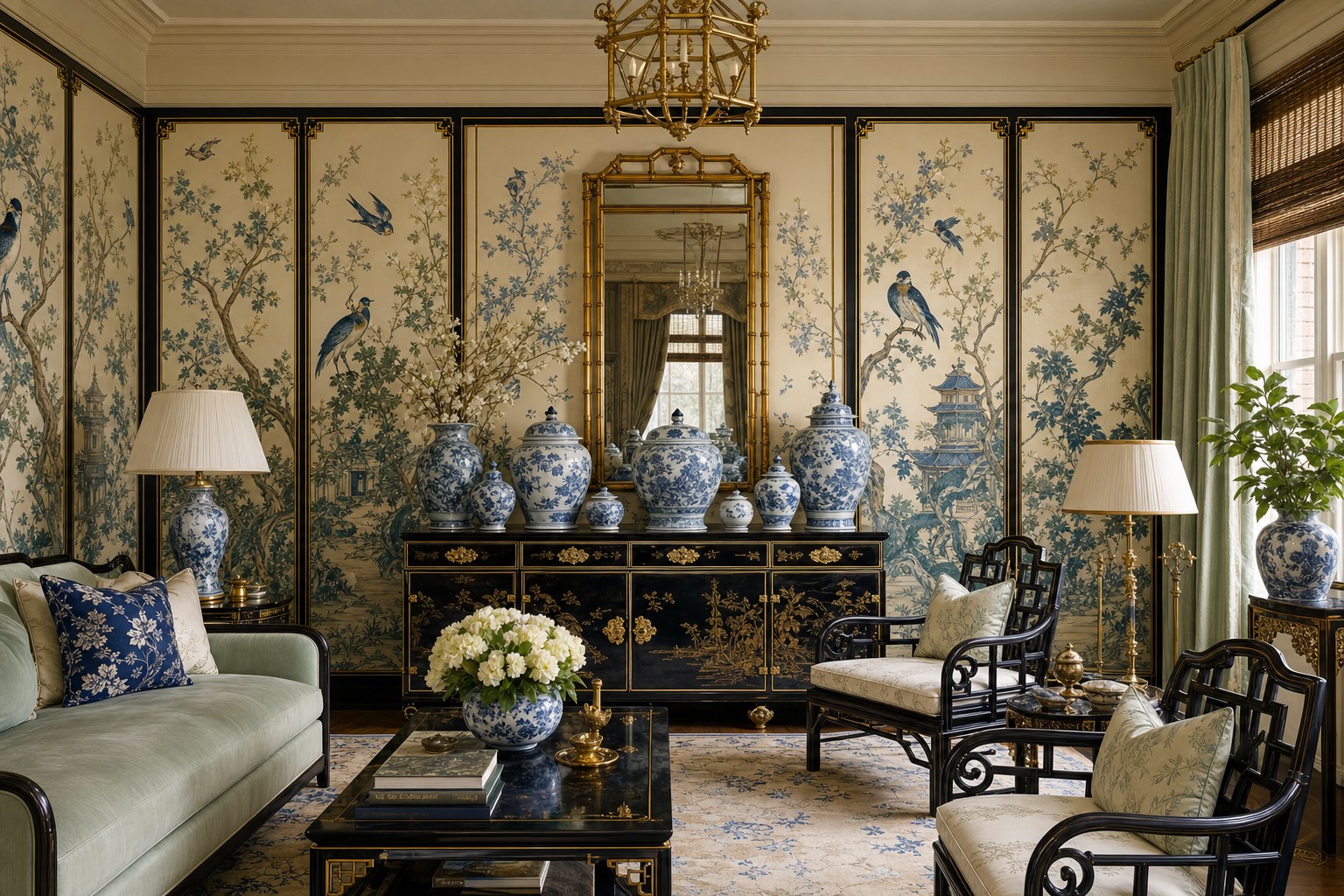Chinoiserie interior design: hand-painted wallpaper panels with blue birds and flowering branches, grouping of blue-and-white ginger jars on a glossy black lacquered console table, silk throw pillows in cobalt and ivory, bamboo-framed mirror above the console