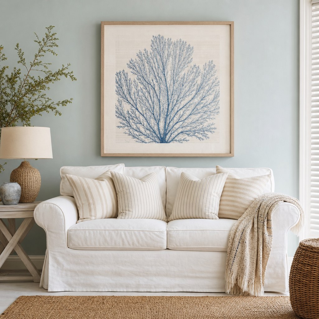 Coastal slipcovered sofa in white linen with rolled arms, stripe throw pillows in cream and sand, woven cotton throw blanket draped over armrest