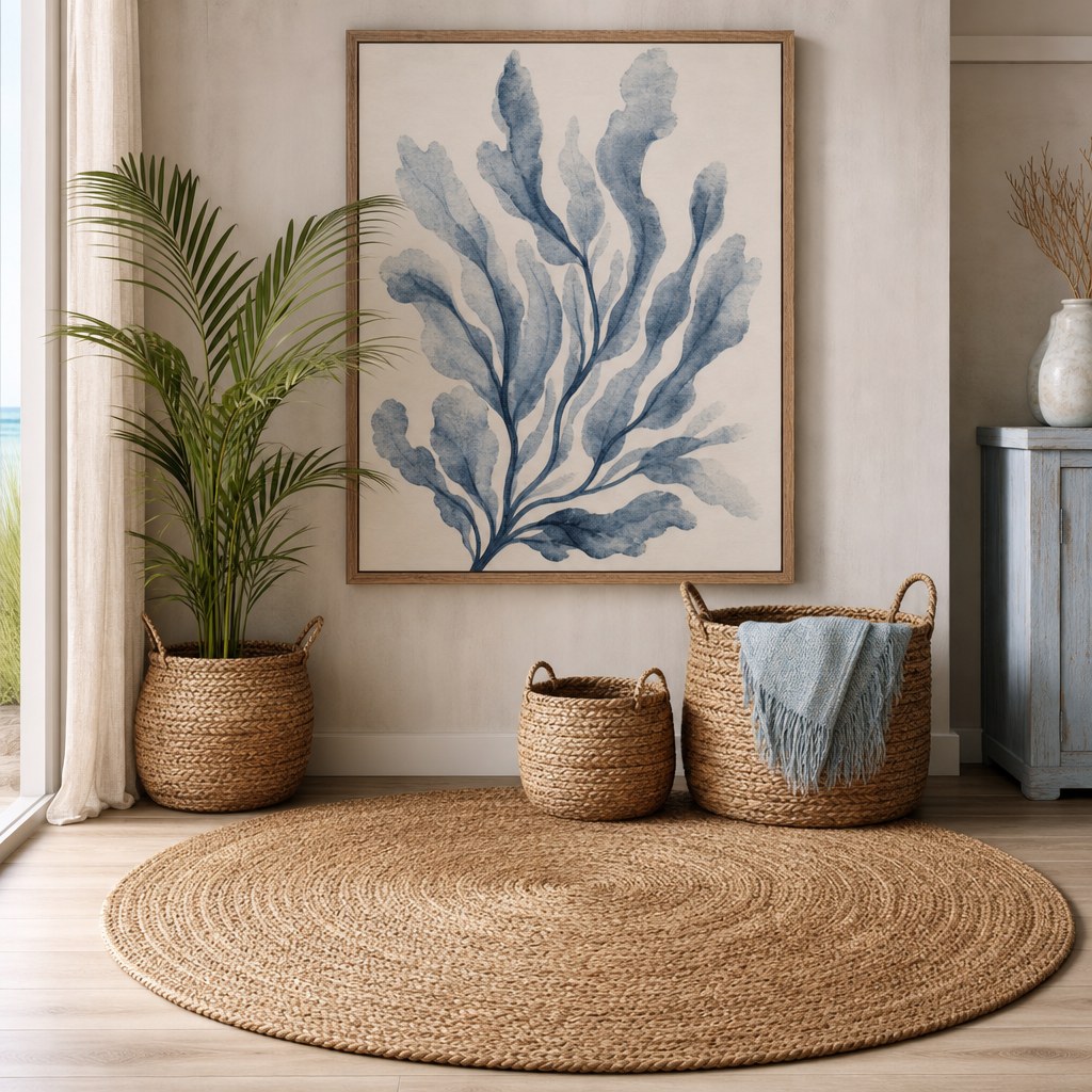 Natural jute braided area rug in warm sand tone on light hardwood floor, with woven seagrass storage baskets arranged in corner