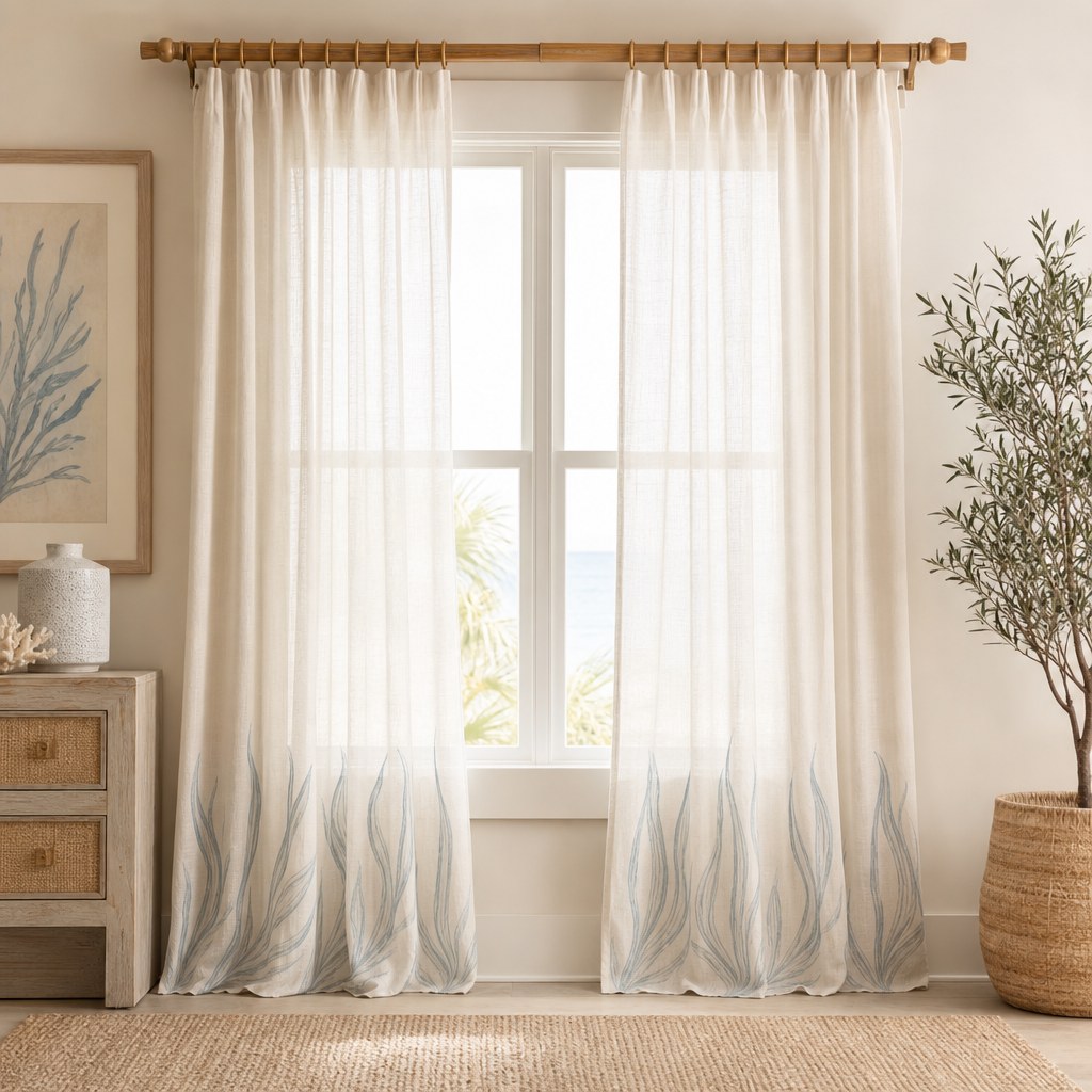 Coastal window treatment with linen sheer curtain panels on bamboo rod with brass hardware, filtering warm natural light through a large window