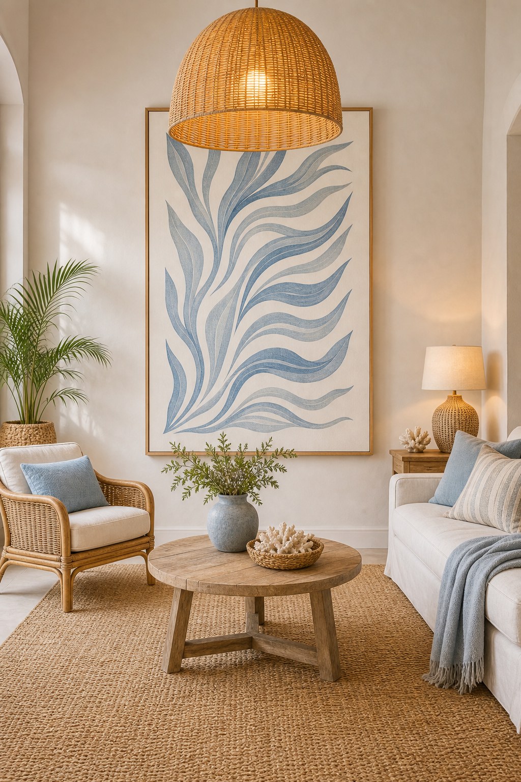 Coastal lighting: large woven rattan pendant lamp casting warm 2700K light over a natural fiber seagrass rug, paired with rattan table lamp on side table