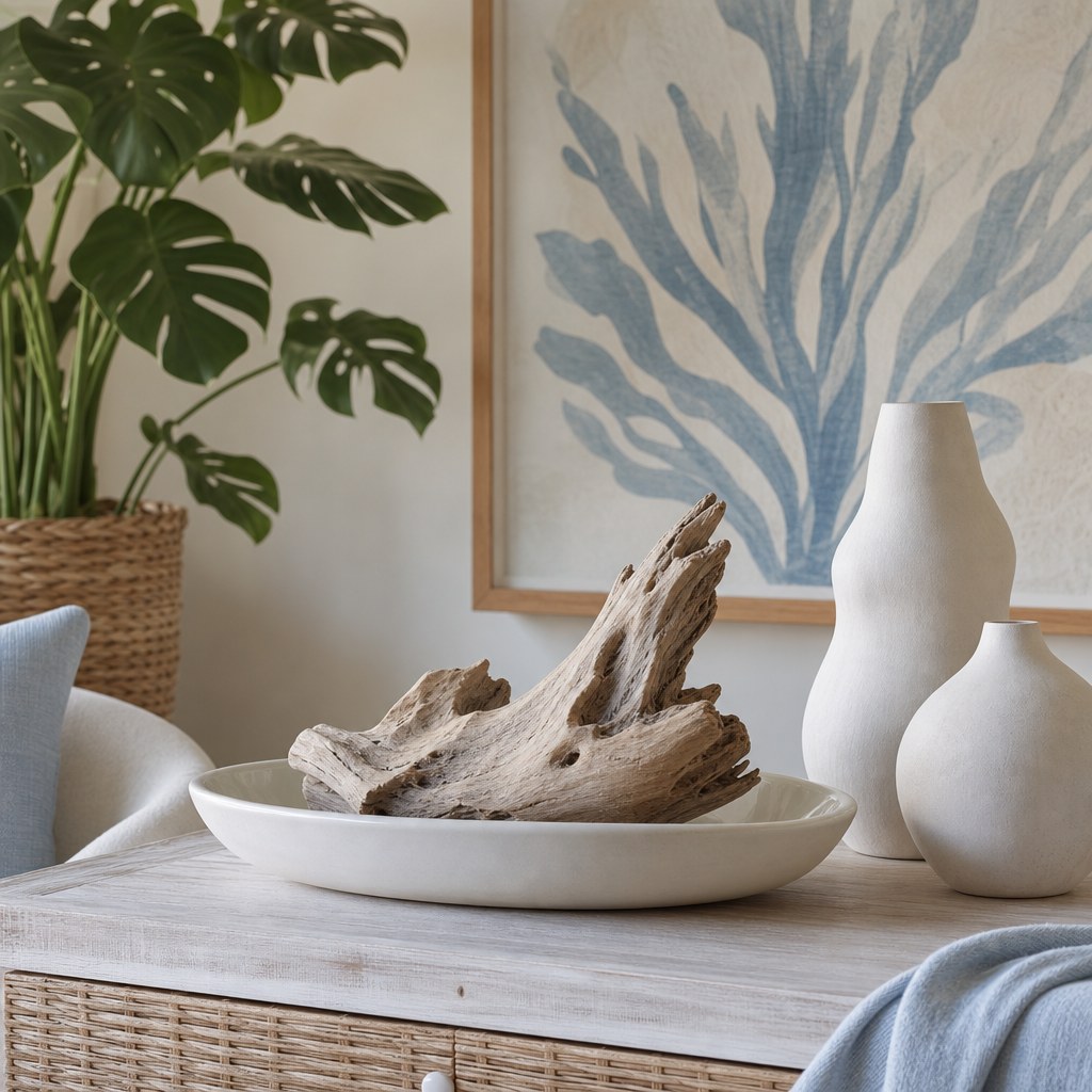 Coastal living energy: driftwood sculpture on white ceramic tray, white organic-shaped vases, coastal botanical print on wall, large tropical monstera plant in corner