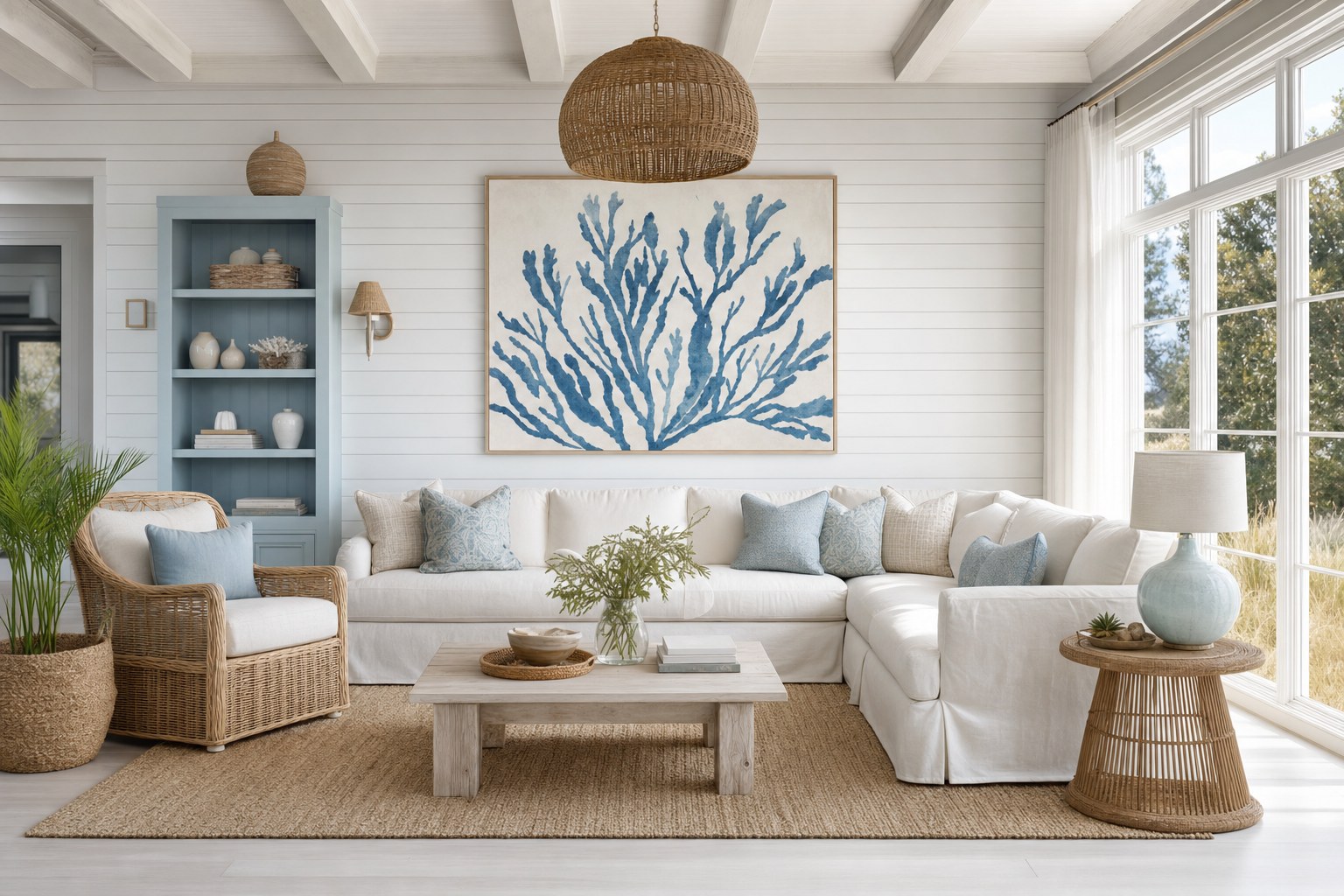 Coastal living room with slipcovered linen sofa, seagrass rug, rattan pendant lamp, shiplap wall paneling, and large windows flooding the space with natural light
