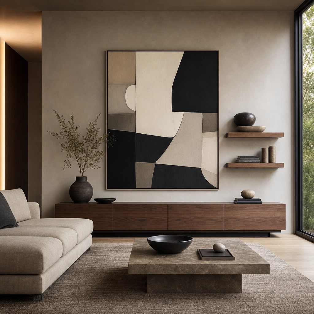 Contemporary clean line foundation: low-profile linen sofa in warm greige with clean arm profile, walnut media console 60-inch horizontal form, natural oak floating shelves at wall height