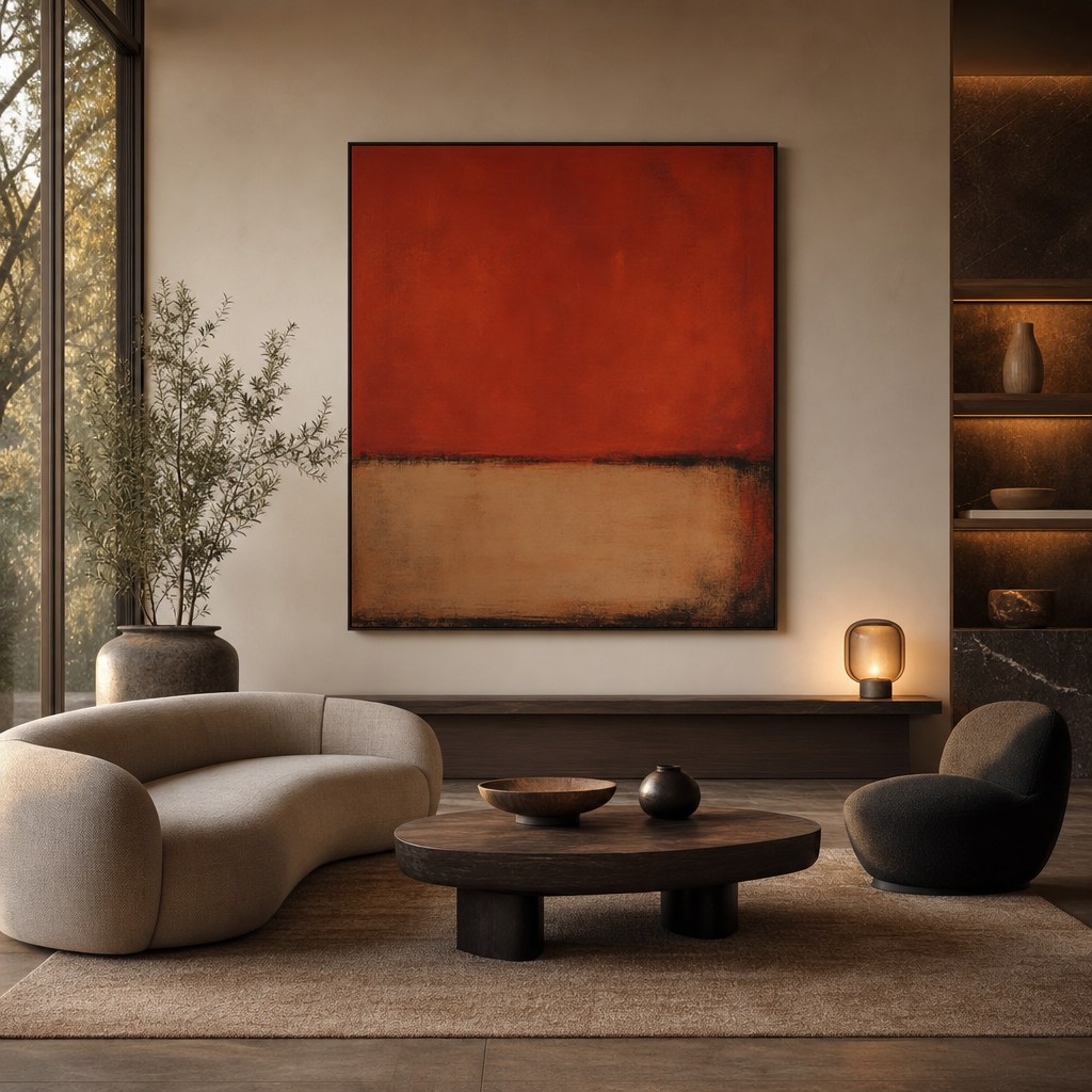Contemporary neutral stack: warm stone-tone area rug 8x10 grounding furniture arrangement, warm off-white wall paint in afternoon light, warm Edison filament lighting casting golden ambient light
