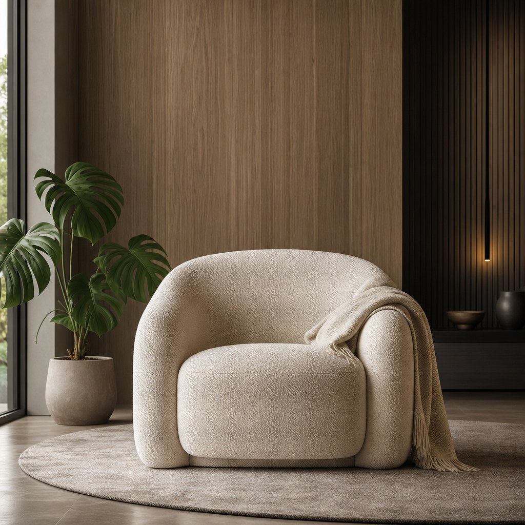 Contemporary warmth layer: boucle accent chair in warm oat-white with organic curved silhouette, monstera deliciosa plant at medium height, chunky linen-cotton throw blanket in cream