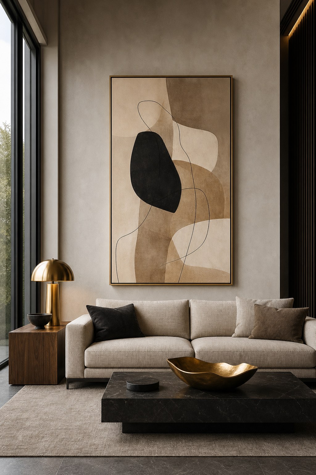 Contemporary statement piece: large abstract print 24x36 framed in warm neutral tones above linen sofa, architectural table lamp in warm brass on walnut side table, sculptural gold bowl on coffee table