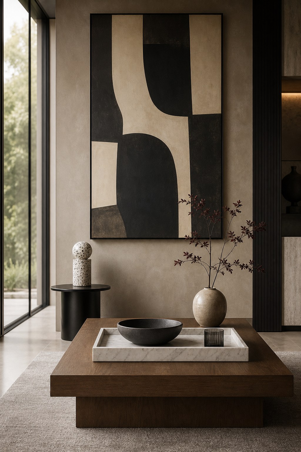 Contemporary material contrast: marble-look rectangular tray on warm wood coffee table, matte black metal side accent table, small terrazzo decorative object against warm neutral wall