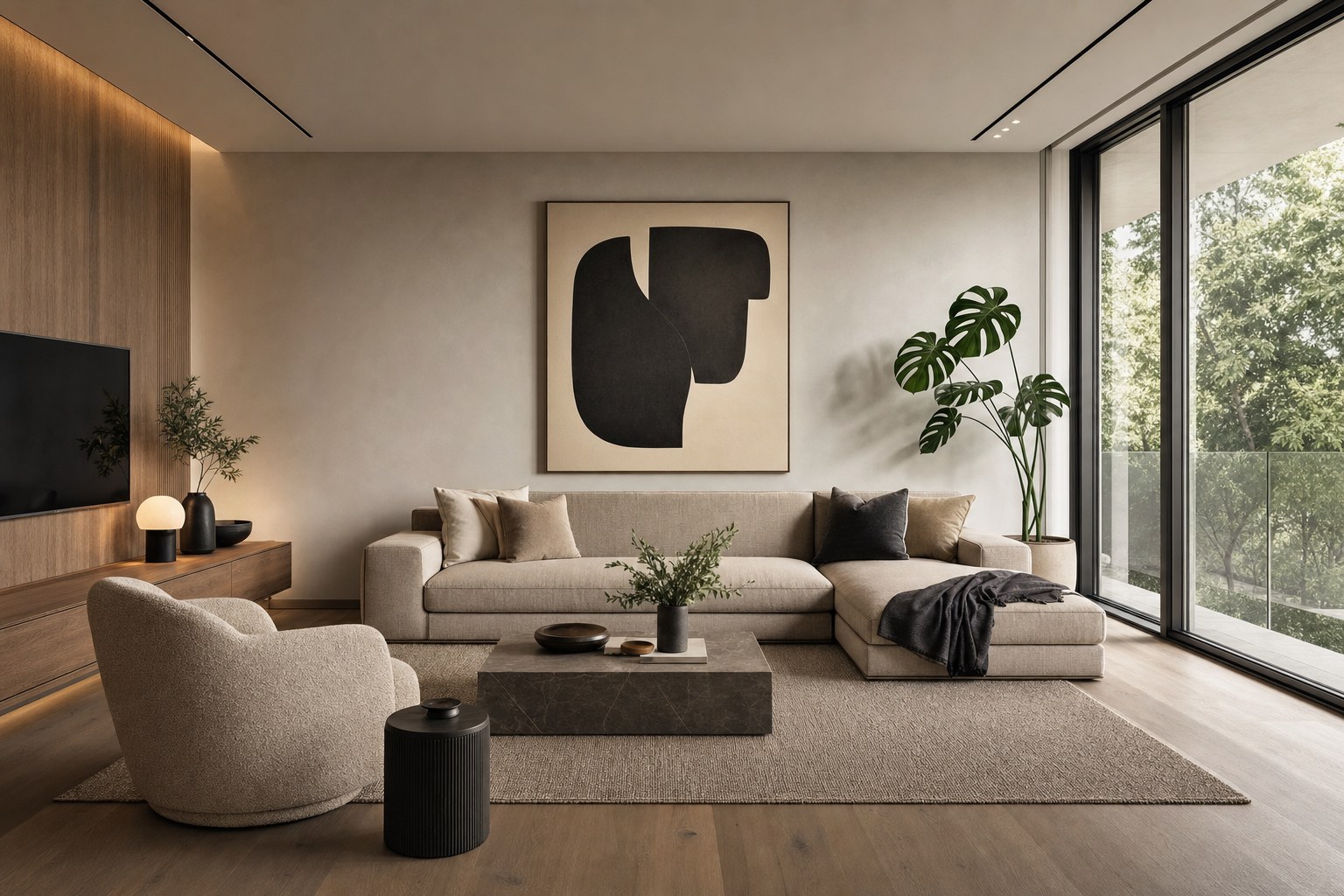 Contemporary living room with clean-profile linen sofa in warm greige, warm wood media console, boucle accent chair in oat, large abstract print art, and monstera plant in natural light