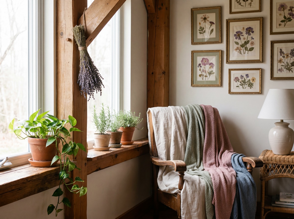 Cottagecore botanical foundation: dried lavender bundle hanging from wooden beam, pressed flower wall art in vintage frames, trailing pothos in terracotta pot on cottage windowsill, herb garden rosemary and thyme