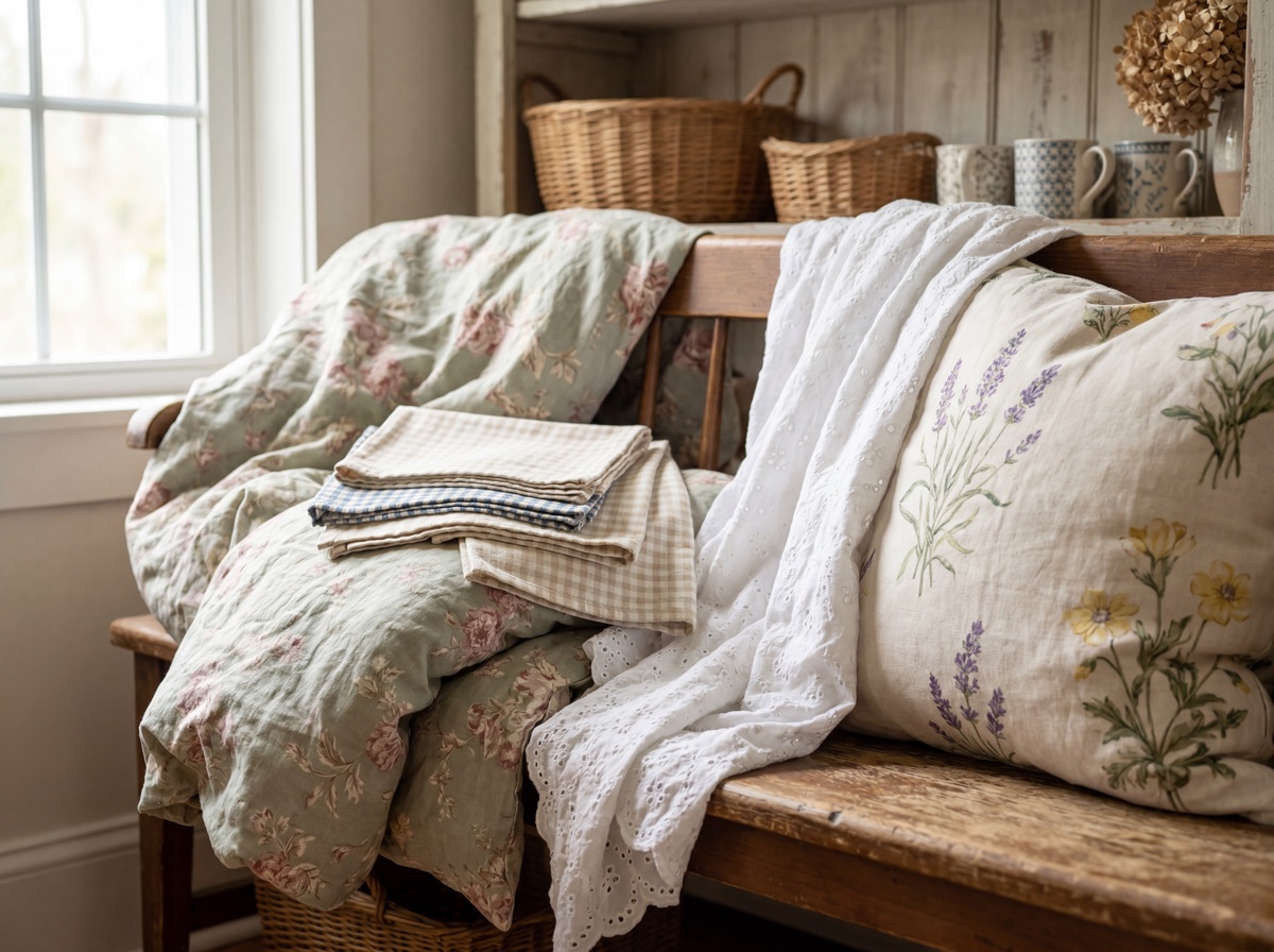 Cottagecore vintage textile layer: linen floral duvet cover in sage and blush tones, gingham cotton dish towels, eyelet cotton throw blanket, botanical print linen pillow covers