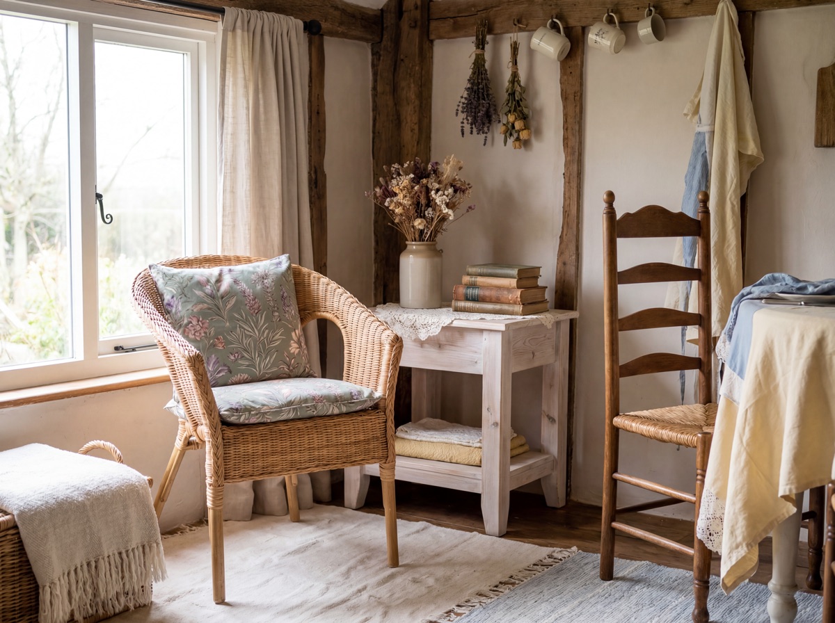 Cottagecore vintage furniture anchor: natural rattan wicker accent chair with botanical cushion, rush-seat wooden dining chair, whitewashed pine side table with dried flowers and stacked books