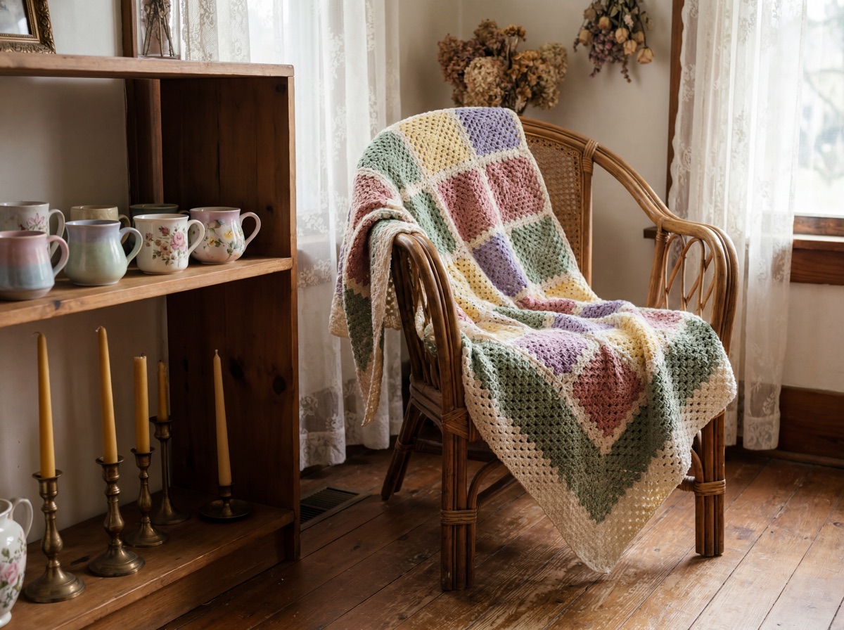 Cottagecore handmade artisan layer: crochet cotton throw blanket draped over rattan chair, mismatched ceramic mugs on open wooden shelf, beeswax taper candles in brass candlestick holders