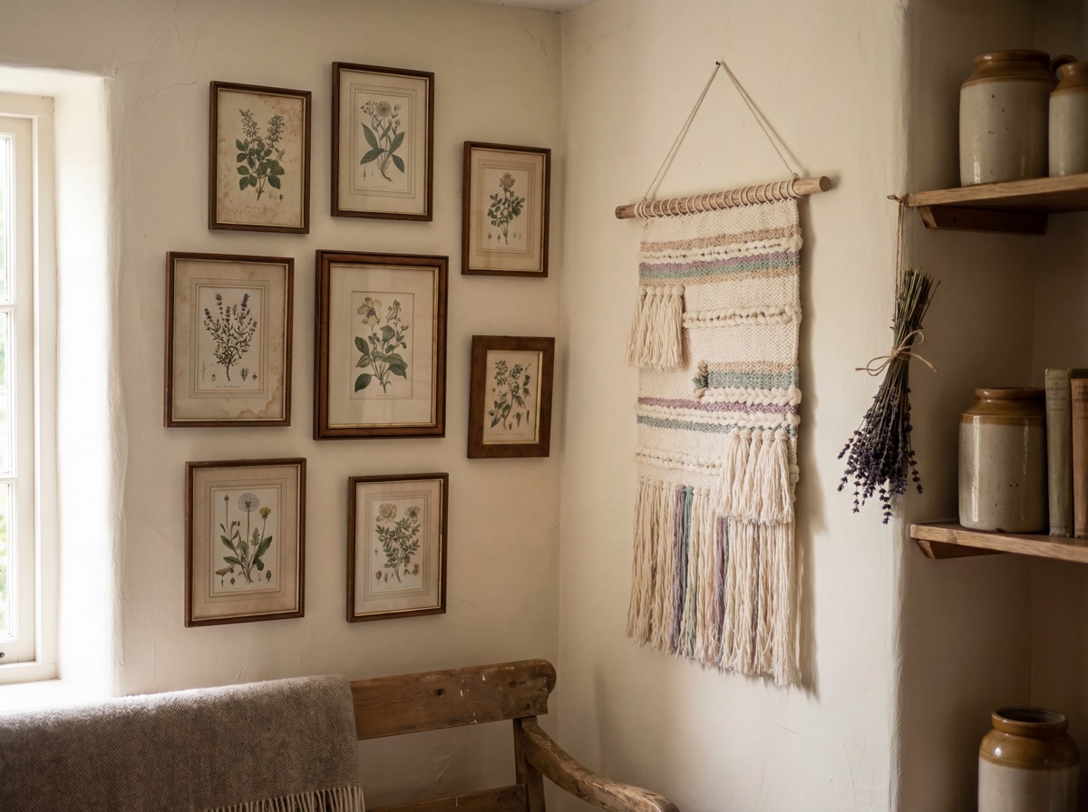 Cottagecore wall story: botanical illustration prints in mismatched vintage frames arranged asymmetrically on cream wall, woven cotton wall hanging beside gallery, dried lavender sprig accent