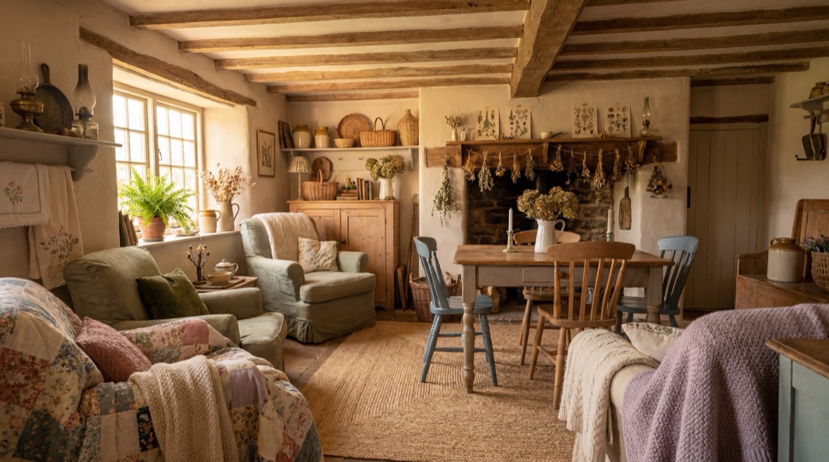 Cottagecore living room with dried botanical bundles hanging from ceiling, vintage rattan chair with floral cushion, botanical print textiles, mismatched frames with pressed flower art on the wall